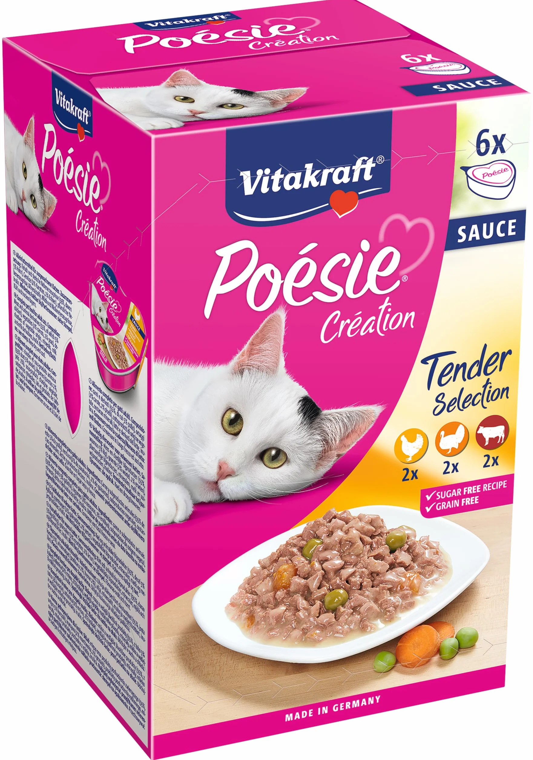 Vitakraft Poésie Création, Tender Selection, Comida húmeda para Gatos, Comida húmeda en Salsa para Gatos, con Pollo, con Pavo, con Ternera, sin azúcar añadido ni Cereales (1 Paquete de 6X 85g)