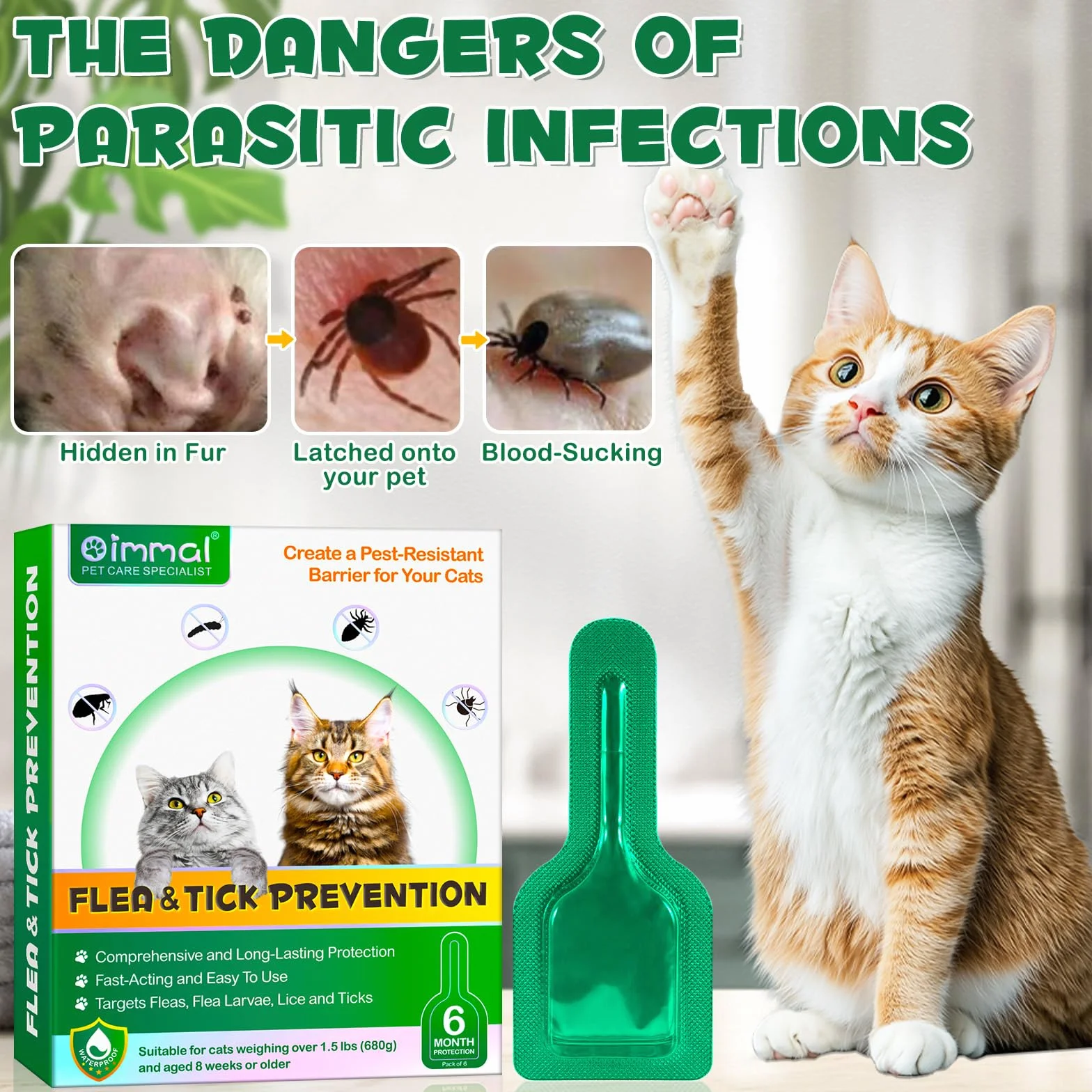 Fllea Y Garrapatas Protección para Gatos Y Gatos, Gotas Naturales para Desparasitar Gatos,2 x 6 Pipetas Fllea- Y Protección contra garrapatas, Fórmula de Extracto de Garras Segura Fórmula Fórmula de
