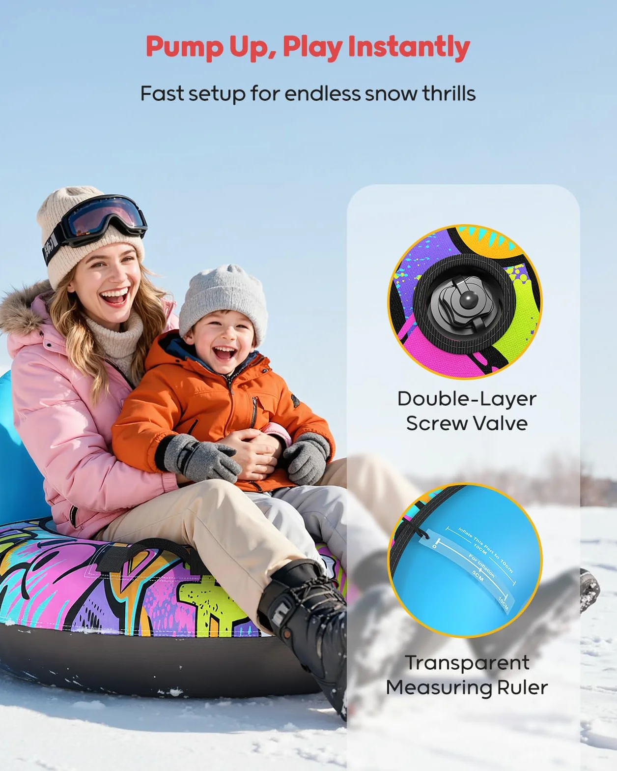Trineo Inflable de Nieve de 44 Pulgadas con Respaldo, Capacidad de 500 Libras, con Cubierta y Cuerda de Remolque