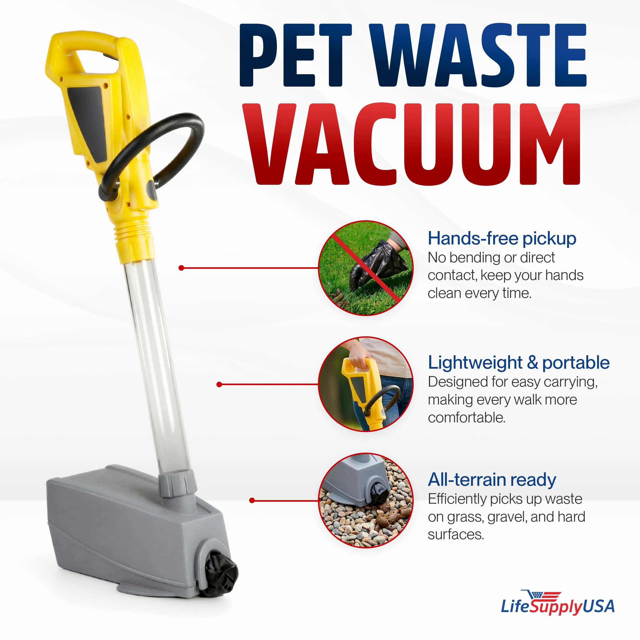 LifeSupplyUSA Recogedor de excrementos de mascotas al vacío para perros, pala eléctrica portátil para limpieza de patio y paseos, recogedor de excrementos de mano sin contacto