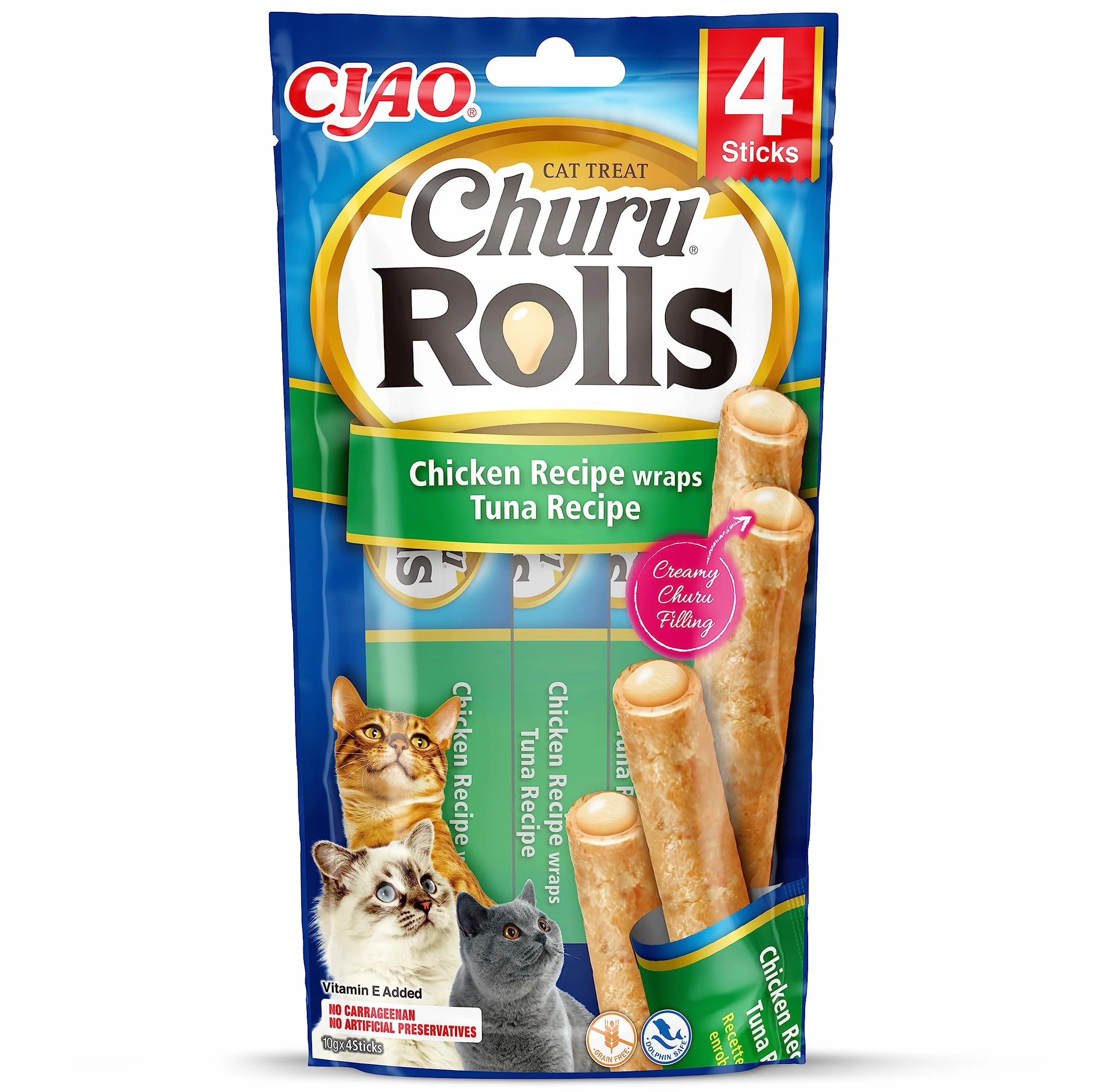 INABA Churu Rolls Chicken & Tuna - Snacks para Gatos - Premios Saludables - Deliciosas Golosinas Cremosas - Pequeña y Práctica Porción Sabor Pollo y Atún 4x10g - Comida para Mascotas