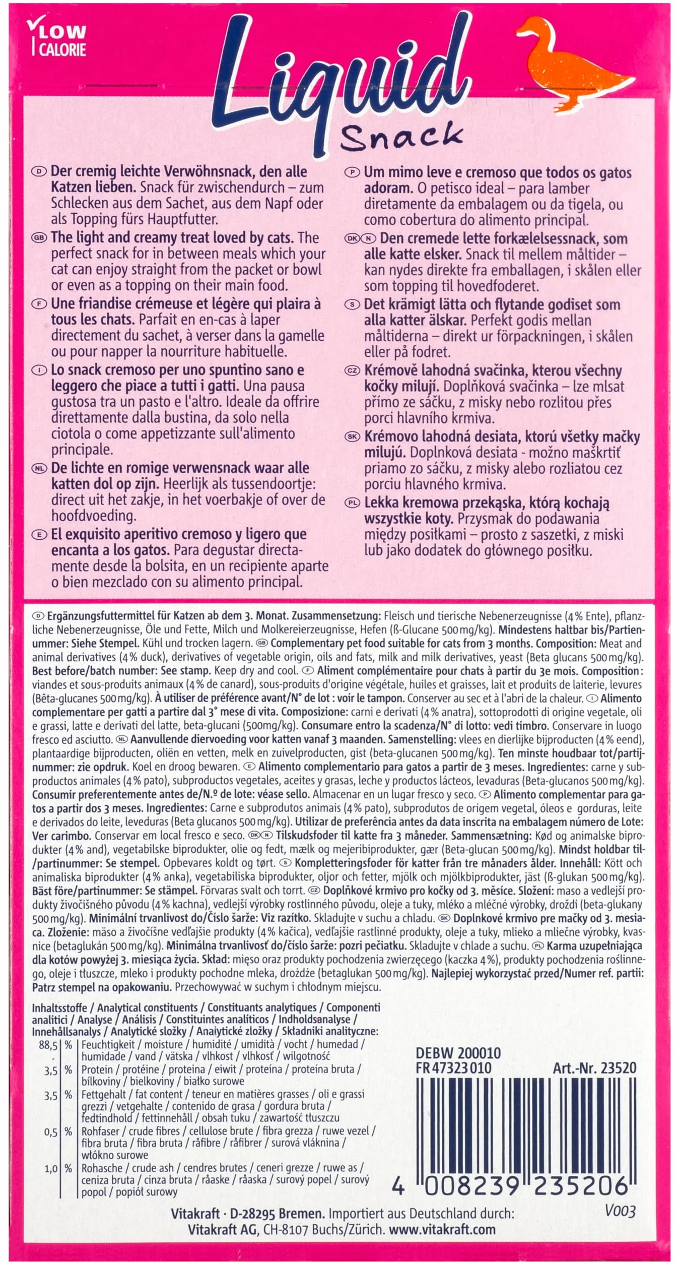 Vitakraft Liquid Snack, golosina para Gatos, Snack cremoso para Gatos, con Pato y betaglucanos, en Sobres Individuales, Mejora Las defensas inmunitarias (1 Paquete de 6X 15g)