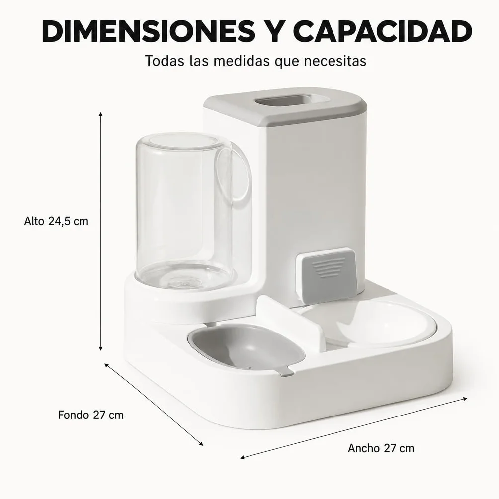Comedero y Bebedero automático 2 en 1 para Gatos y Perros – Dispensador de Comida 2,2 L y Agua 1 L, diseño Compacto, Materiales Resistentes, Color Gris – Uso Diario en Interiores
