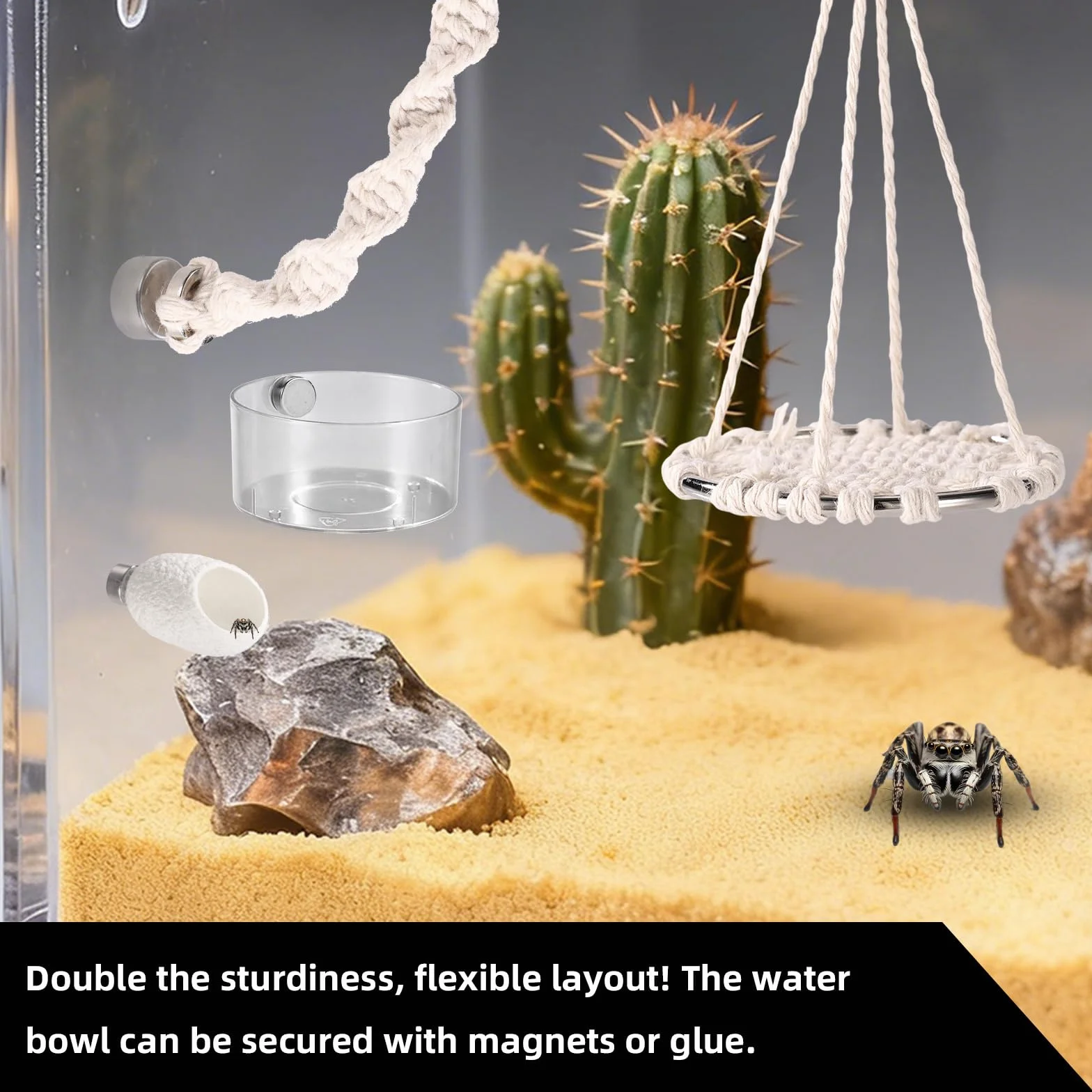 18uds Accesorios Araña Saltarina Terrario Juego, Columpio de Cuerda de Algodón Plataforma con Nido Bebedero Pinzas Pulverizador Cepillo e Imanes para Decorar Tu Terrario