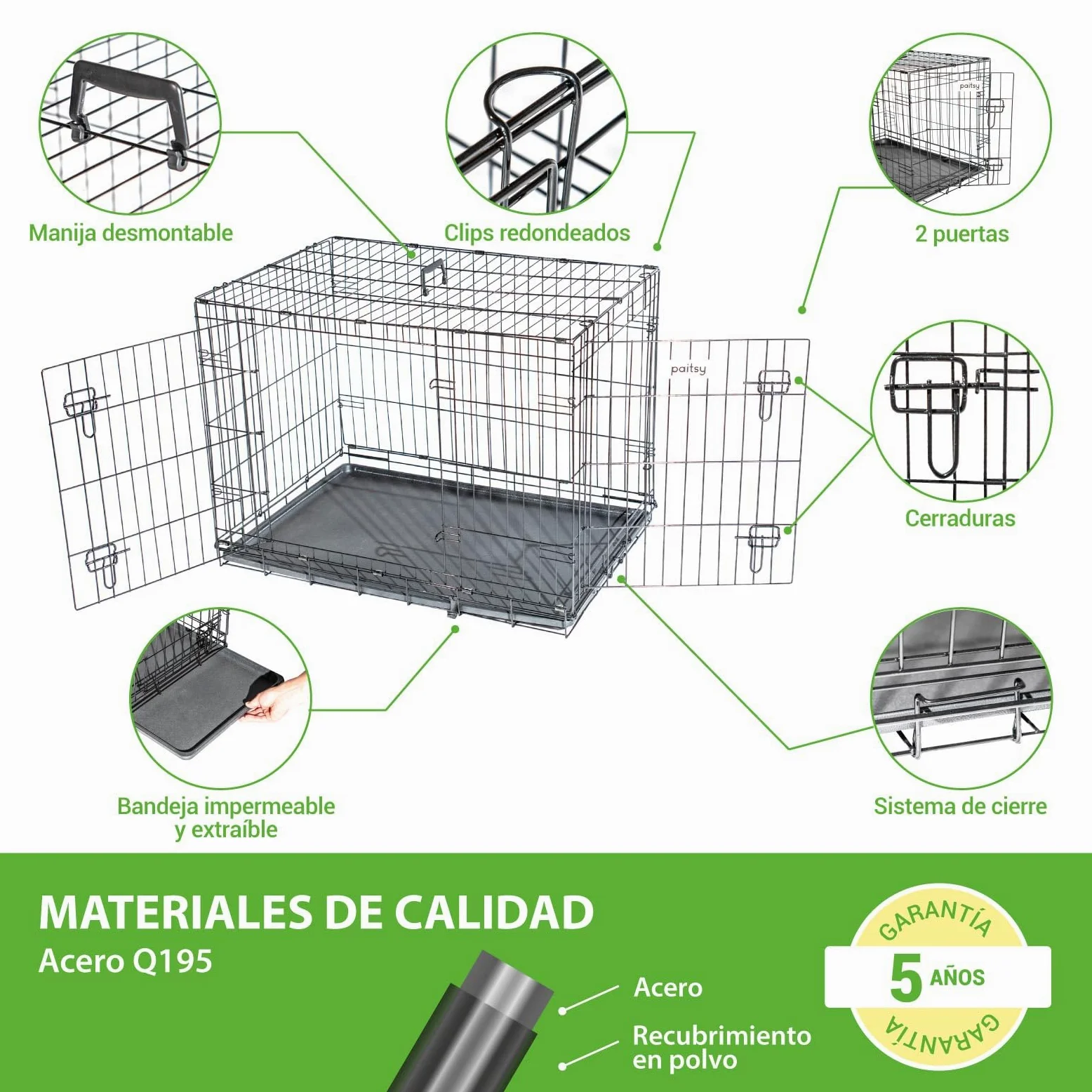 Jaula para Perro FortressooL, transportín para Perro y Cachorro 90x60x67 cm, Plegable, 2 Puertas, Bandeja extraíble, Uso Interior, garantía de 5 años