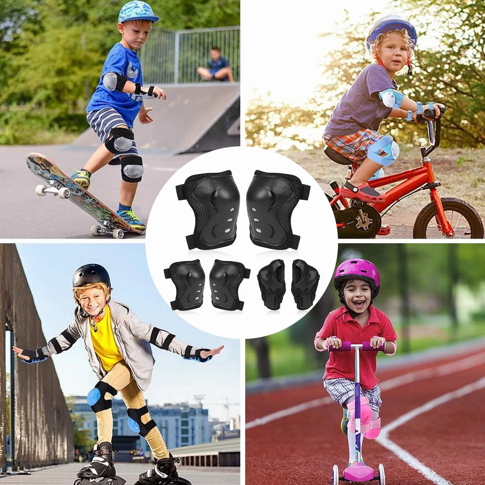Set de Protección Infantil Negro Rodilleras Coderas Muñequeras 6 Piezas para Patines Bicicleta