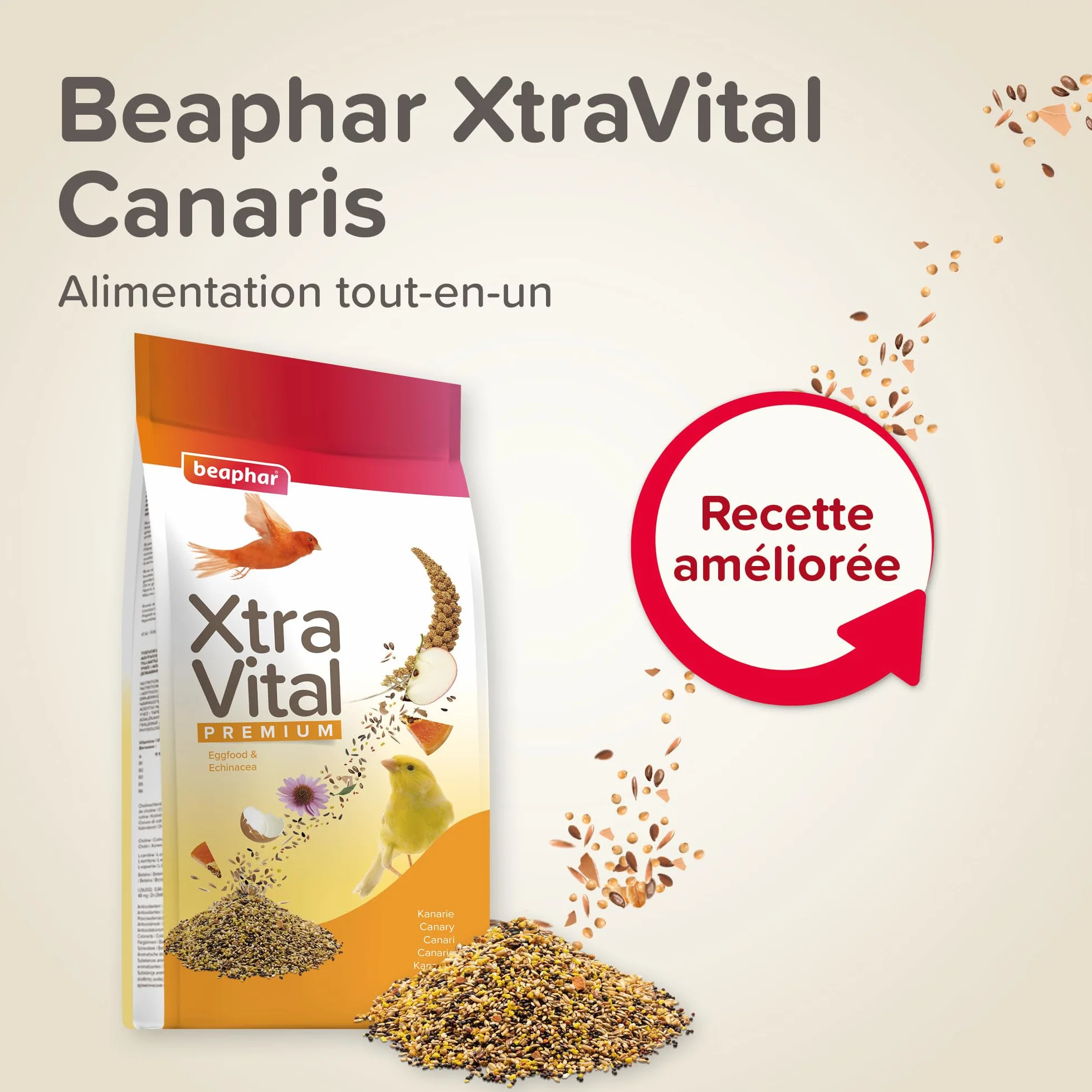 Beaphar Xtravital Canarios - Alimentación Premium - Contiene Frutas, Semillas y Cereales - Fortalece su Sistema inmunológico - Proporciona un Plumaje denso y Mantiene en Buena Salud - 500g