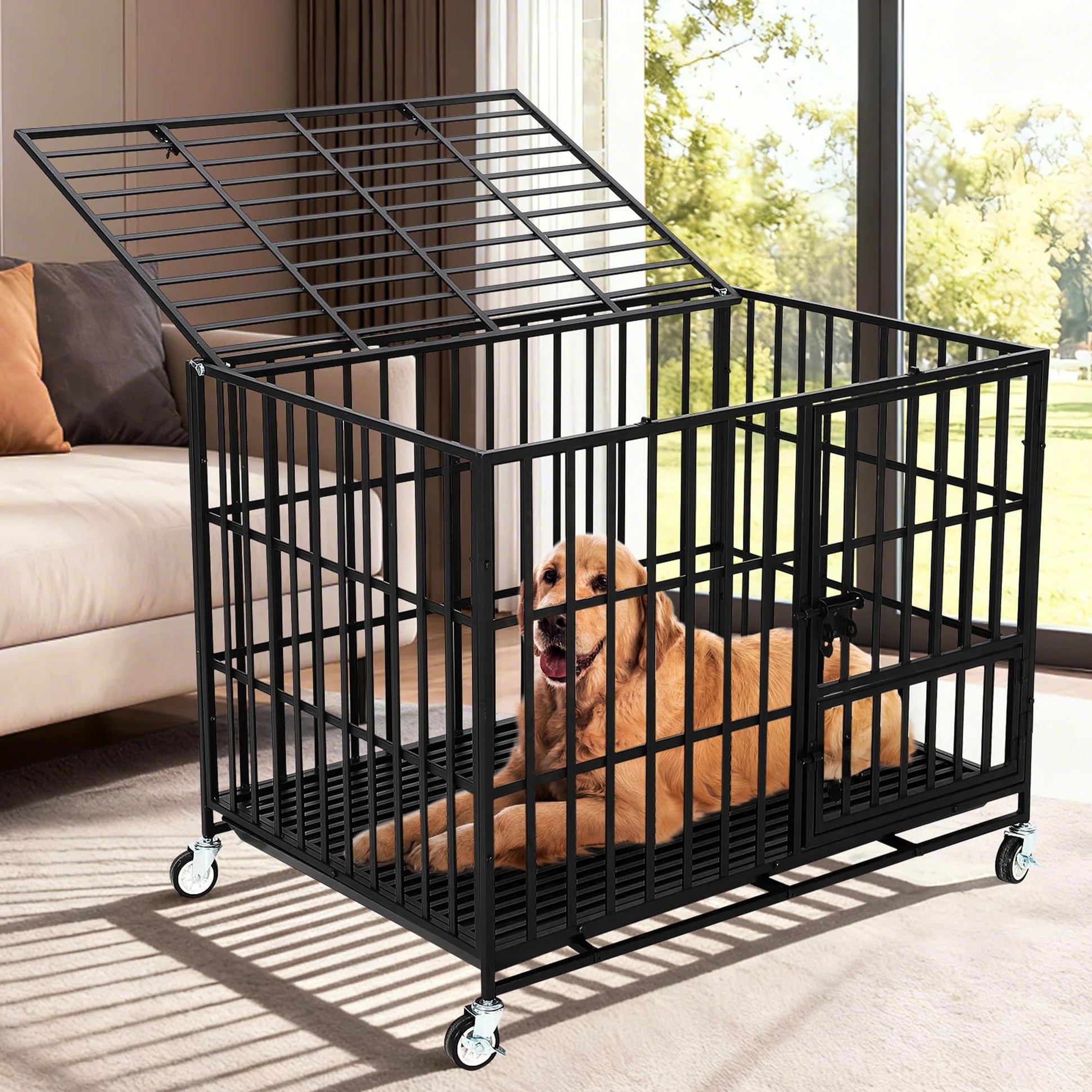 Caja para perros de metal pesado de 125 cm, con 3 puertas, jaula antifugas, para interior con estantes y ruedas, caseta extra grande para perros grandes y medianos, fácil de limpiar (negro)