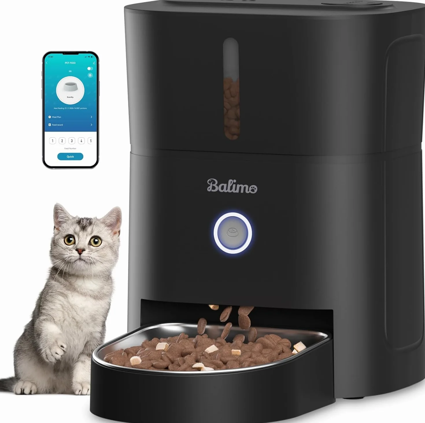 Balimo Comedero Gato Automatico, 2.4G WiFi Dispensador Comida Gatos, 3L Comedero Automatico Gato, Bol de Acero Inoxidable 304, 1 a 10 Comidas, Negro
