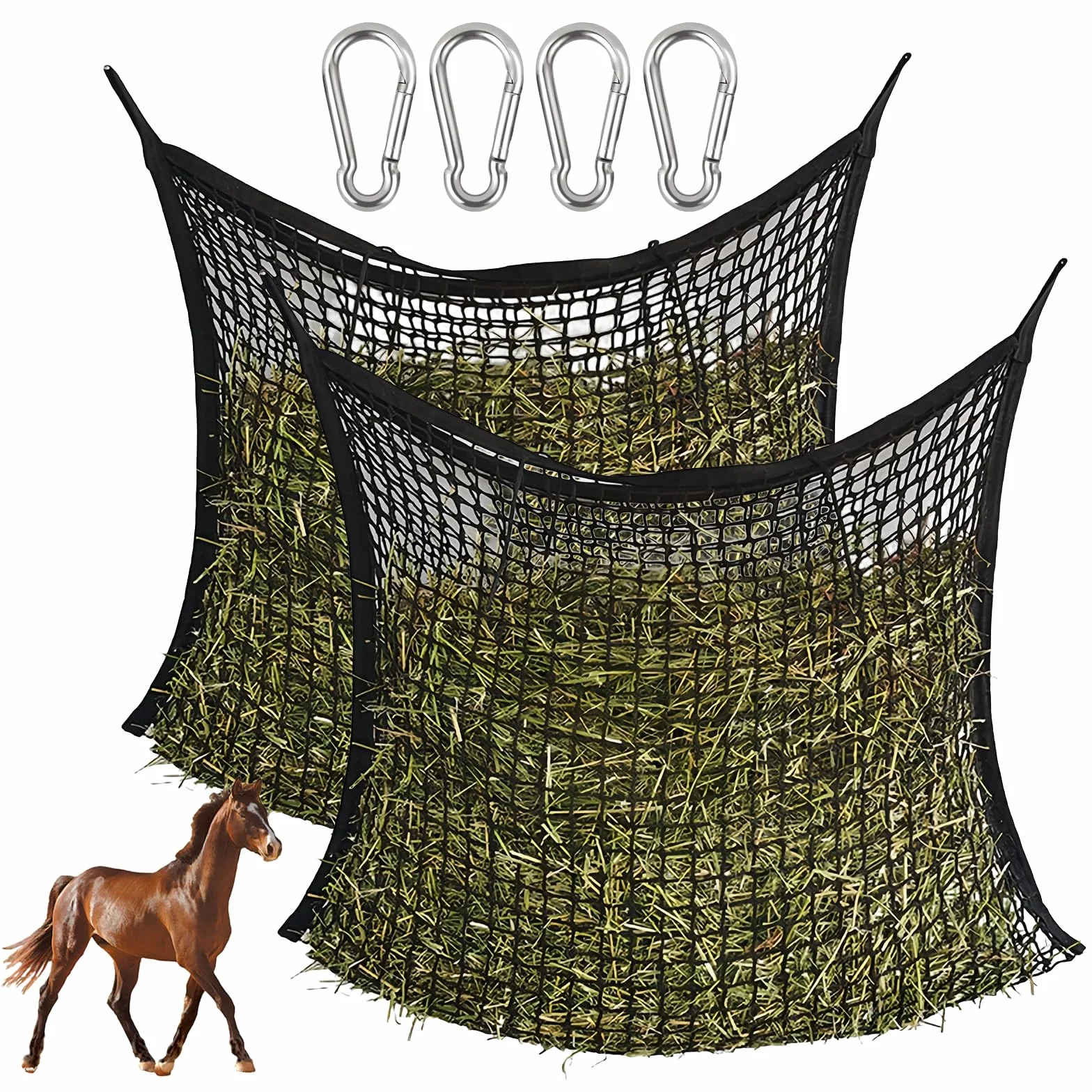 PORFOYO 2 bolsas de heno para caballos, 60 x 90 cm, malla estrecha, red de heno para caballos, bolsa de heno con 4 mosquetones, bolsa de malla estrecha para heno, capacidad de 8 kg, color negro