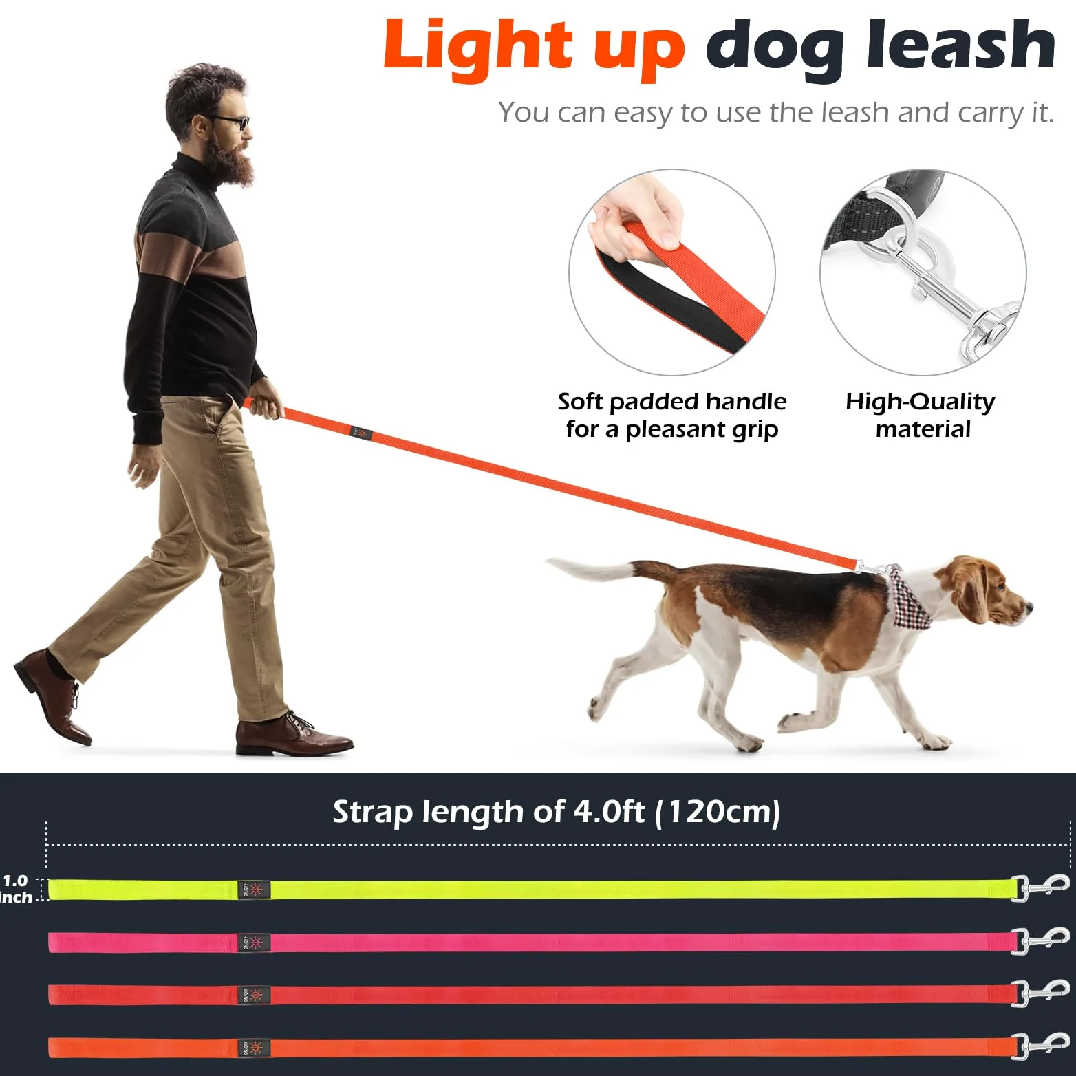Correa LED para perro, correa de nailon recargable micro USB, correa de seguridad estándar para perros de 4 pies (naranja)
