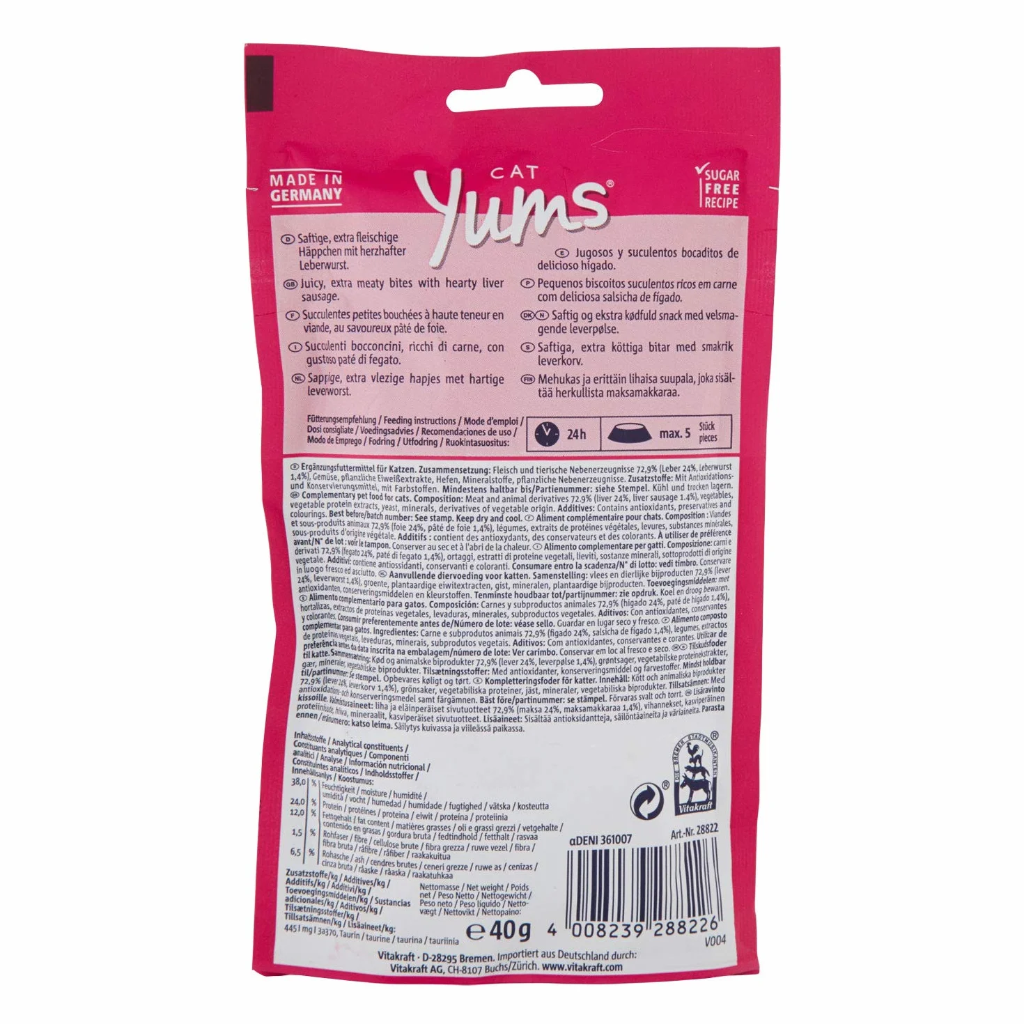 Vitakraft Cat YUMS, golosina para Gatos, Snack Blando para Gatos Relleno de Salchicha de hígado, en Bolsa resellable, sin azúcar añadido (1x 40g)