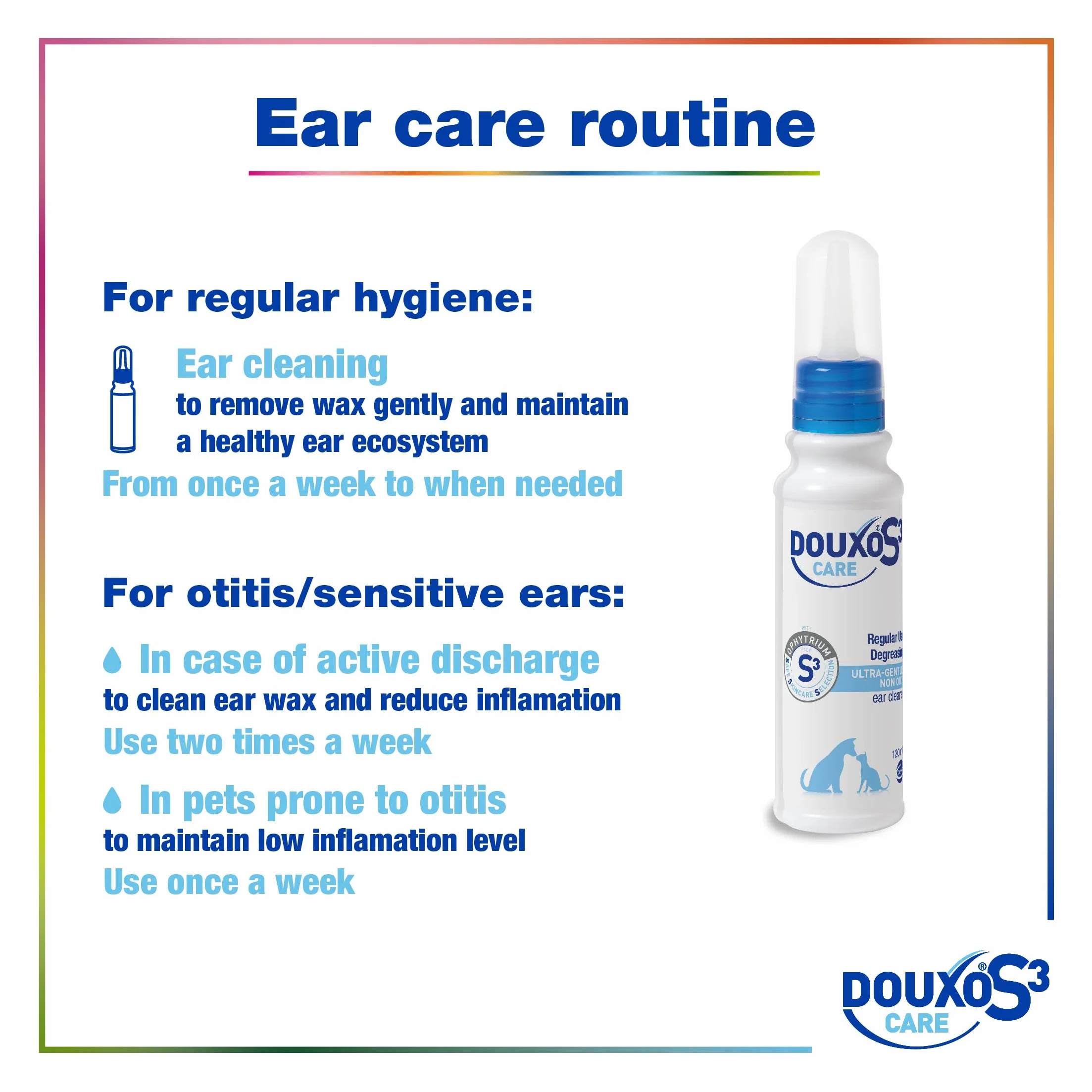 DOUXO® Limpiador de oídos S3 CARE de 120 ml, recomendado por veterinarios y clínicamente probado, para perros y gatos, uso suave, regular, limpia y elimina la cera, calma, protege e hidrata las orejas