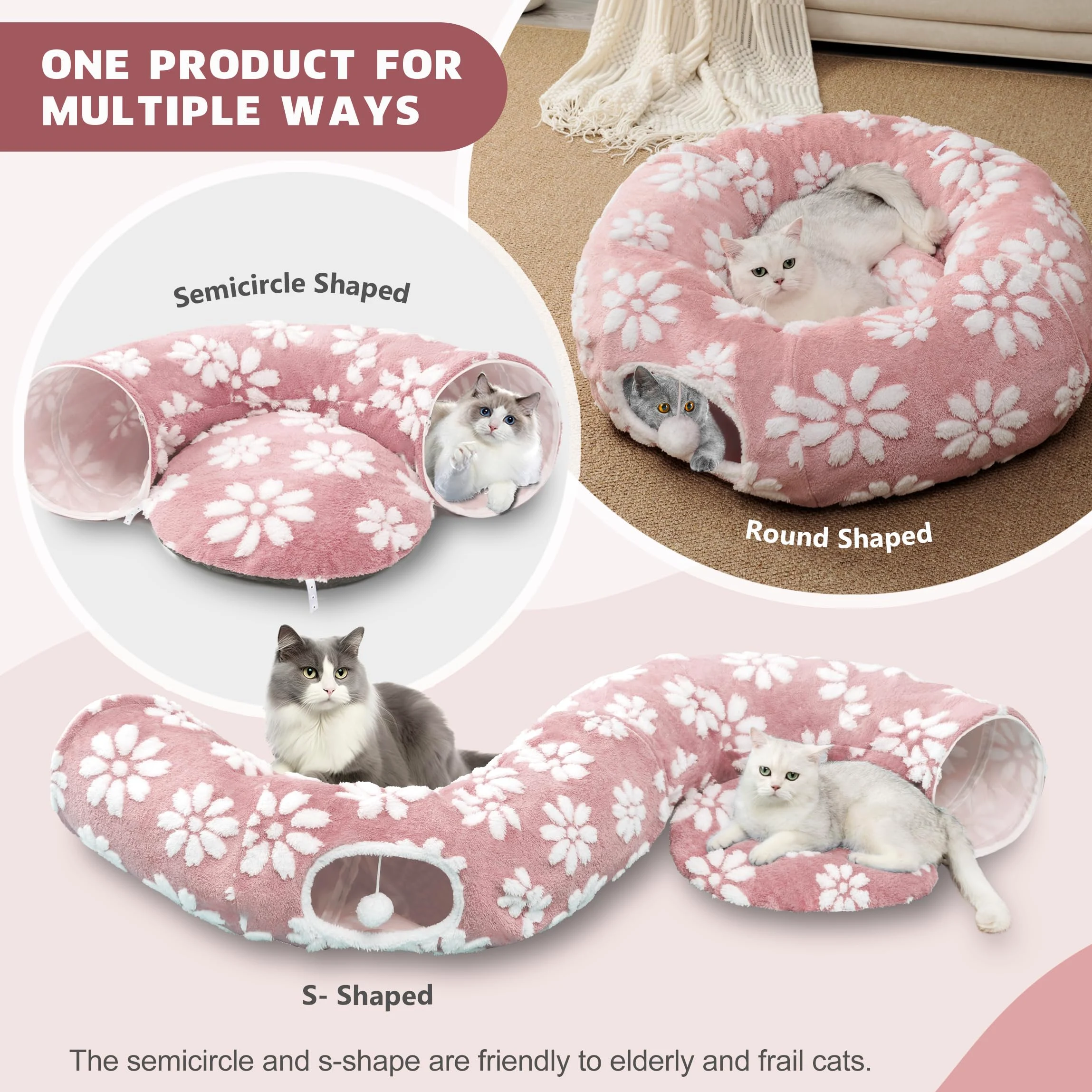 Túnel para gatos de interior, bonita cueva para gatos Peekaboo con bolas colgantes, cama de túnel de dona para mascotas con alfombrilla circular para cachorros, gatitos, conejos, flores rosas