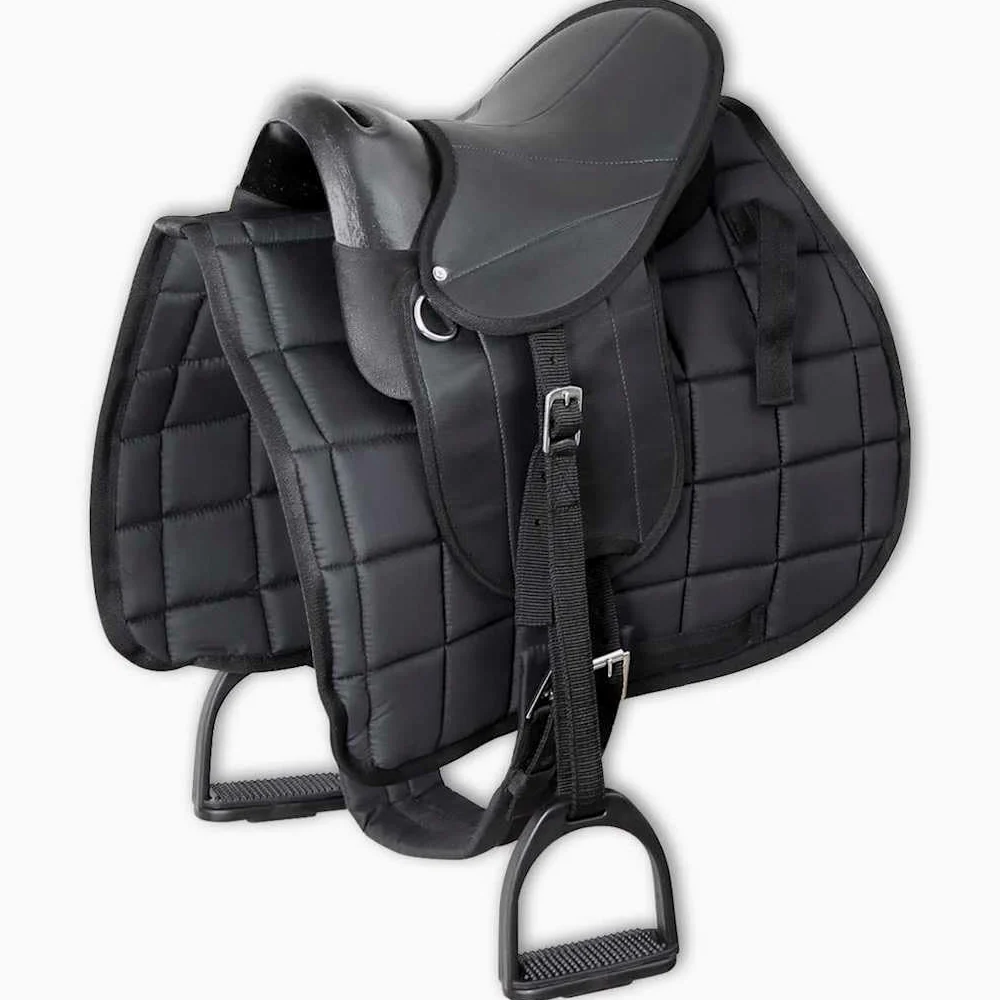 Juego de sillín para pony, 10 pulgadas, color negro, con cubierta de sillín, estribo, correa de sillín, asiento ergonómico para versatilidad, doma saltar, uso de volante, cómodo y seguro para