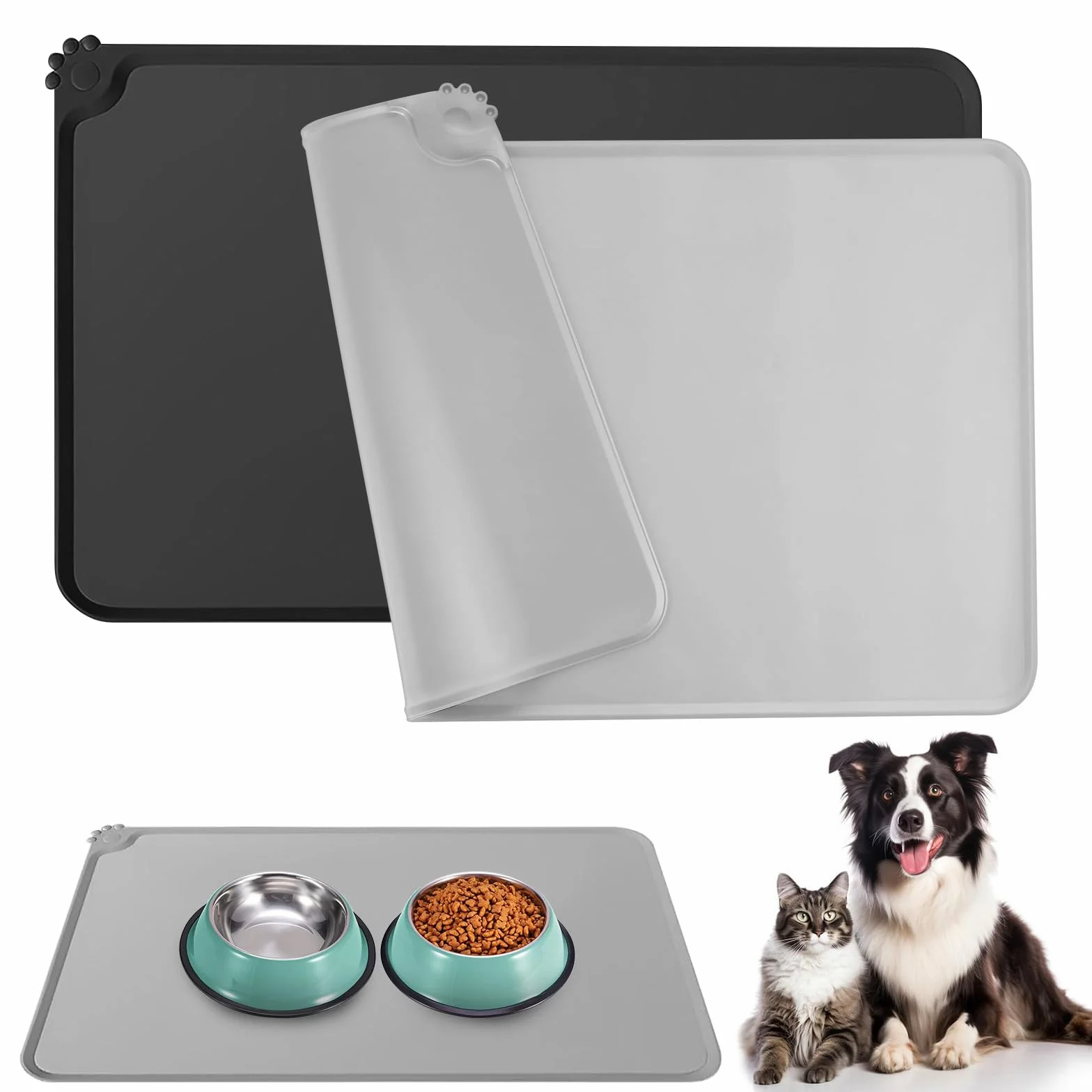 2 Alfombrilla de Silicona para Comederos de Perros y Gatos, Alfombra Comedero Perro 48x30cm, Tapete Impermeable para Comederos de Mascotas, Negro y Gris
