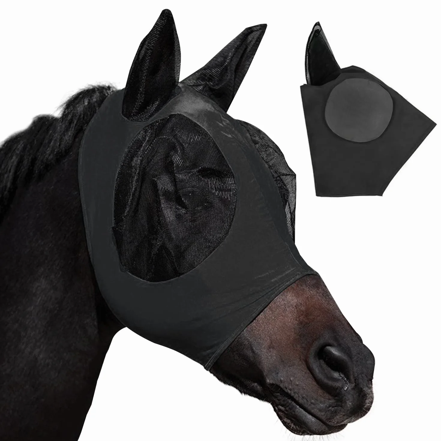 Máscara antimoscas para caballos con orejeras, malla transpirable anti-UV, elástica (negro)