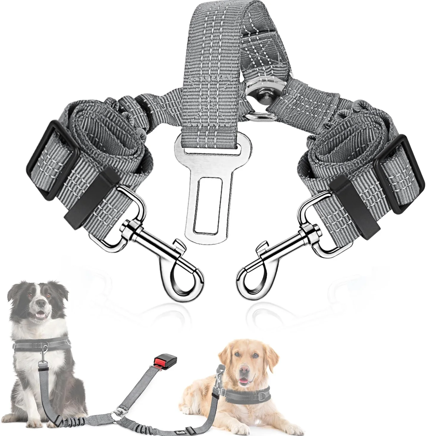 SlowTon - Cinturón de Seguridad Doble para Perro, con Doble acoplador Ajustable y elástico y Rayas Reflectantes para Dos Mascotas, para Viajes en Coche