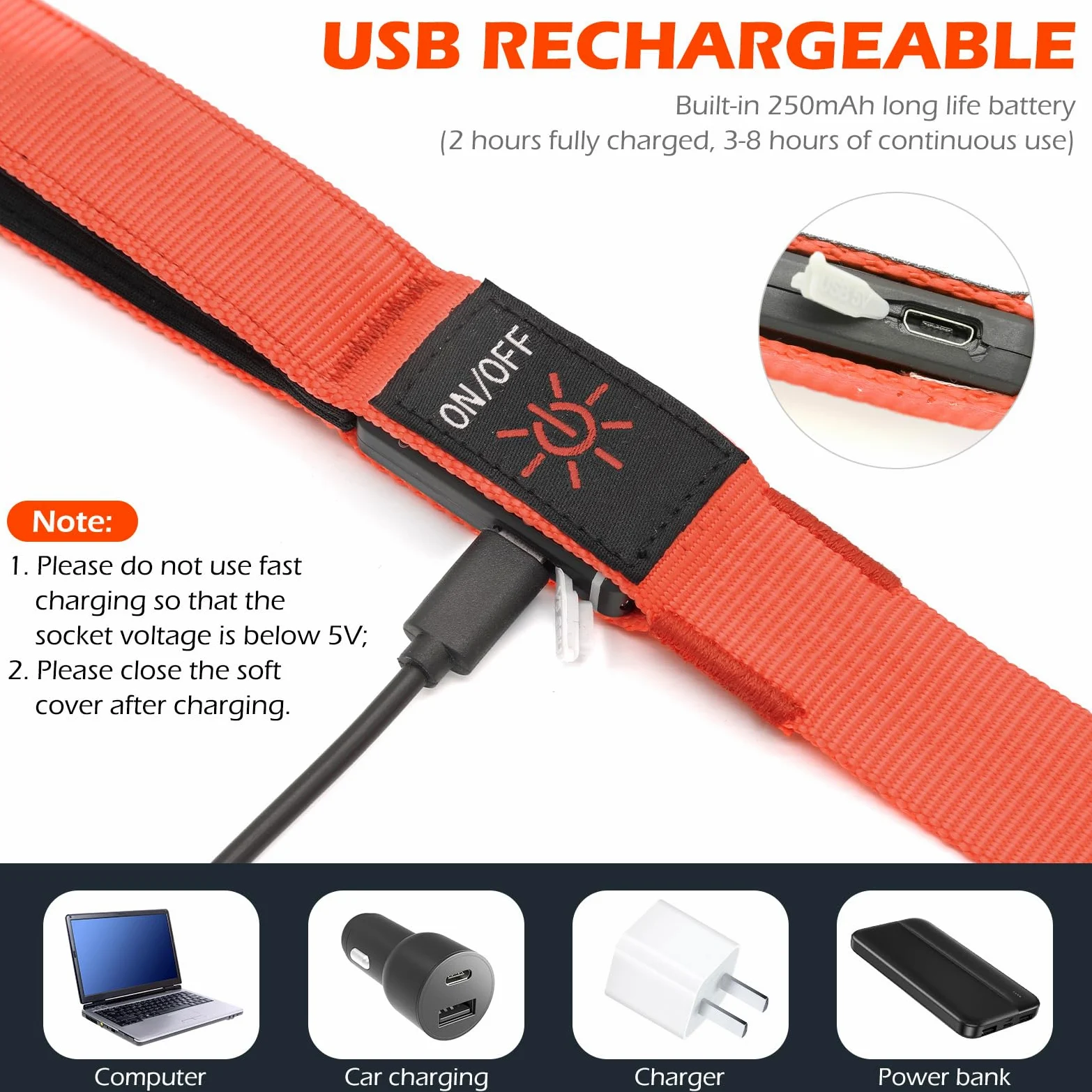 Correa LED para perro, correa de nailon recargable micro USB, correa de seguridad estándar para perros de 4 pies (naranja)