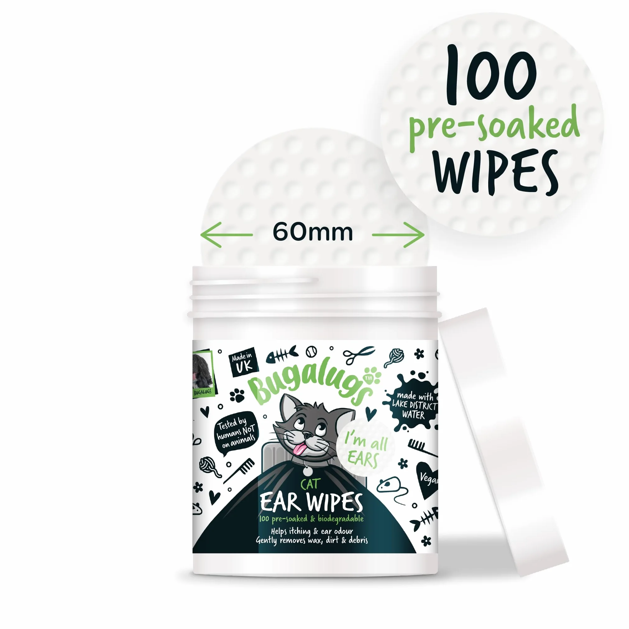 BUGALUGS - Toallitas Calmantes para Limpieza de Oídos de Gatos - 100 Unidades - Aloe Vera & Hamamelis - Control de Cera - Higiene Auricular - Alivio de Picor - Uso Diario - Fórmula Natural y Suave