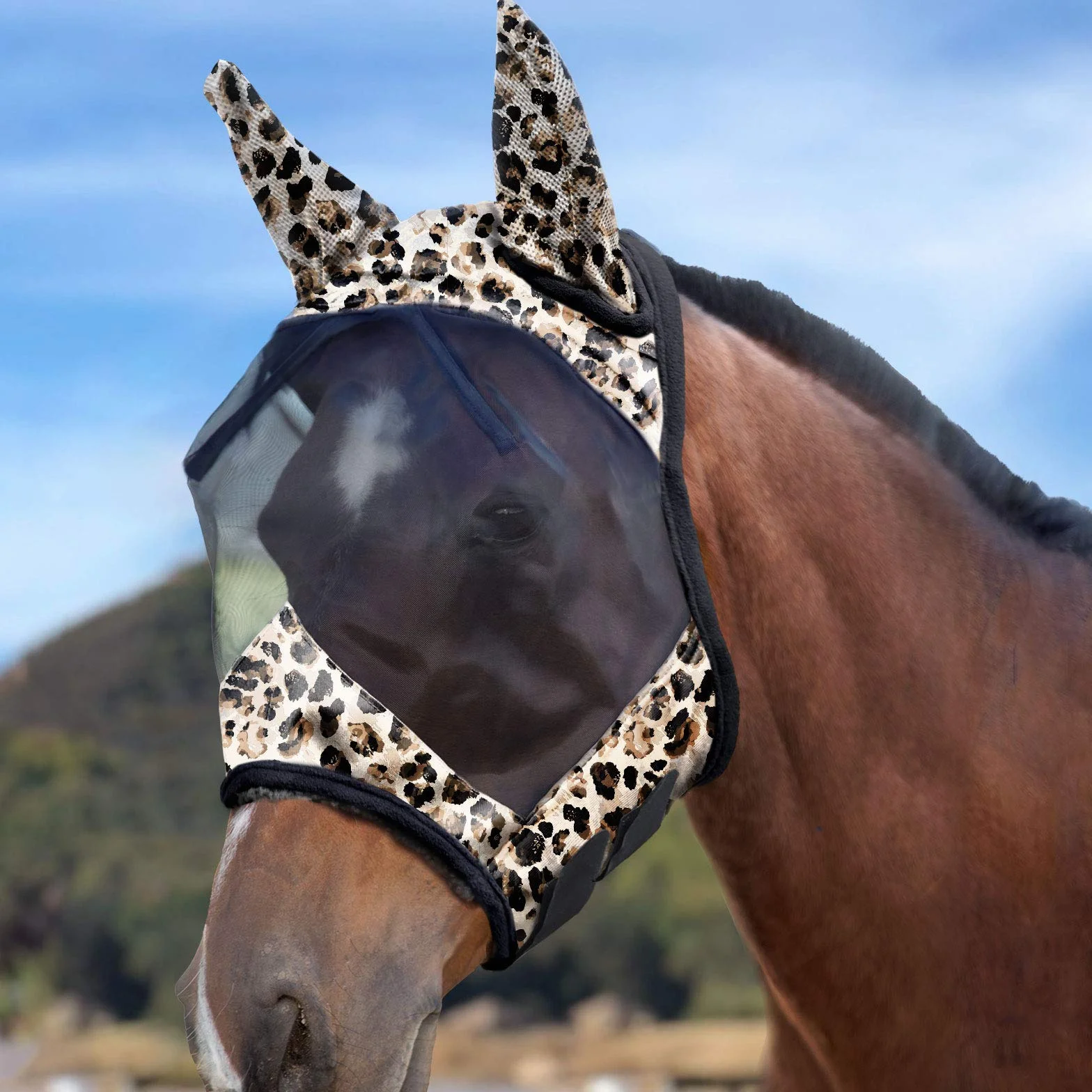Harrison Howard CareMaster Máscara de Mosca de Caballo Estándar con Orejas Protección UV para Caballo-Estampado de Leopardo (M)