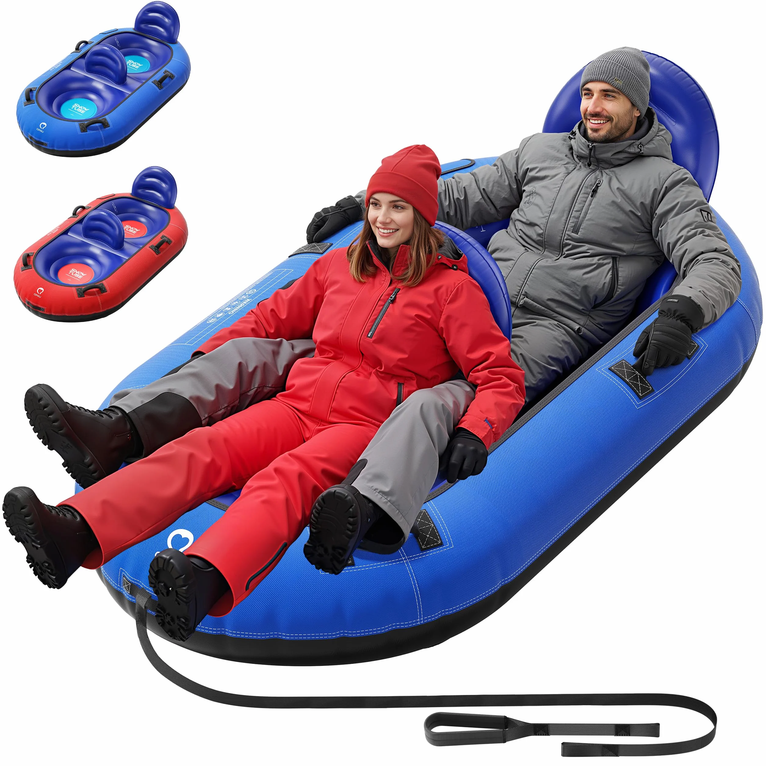Neumático de nieve inflable para niños y adultos con dos respaldos y cuerda de tracción, asas, válvulas de soplado rápido (azul)