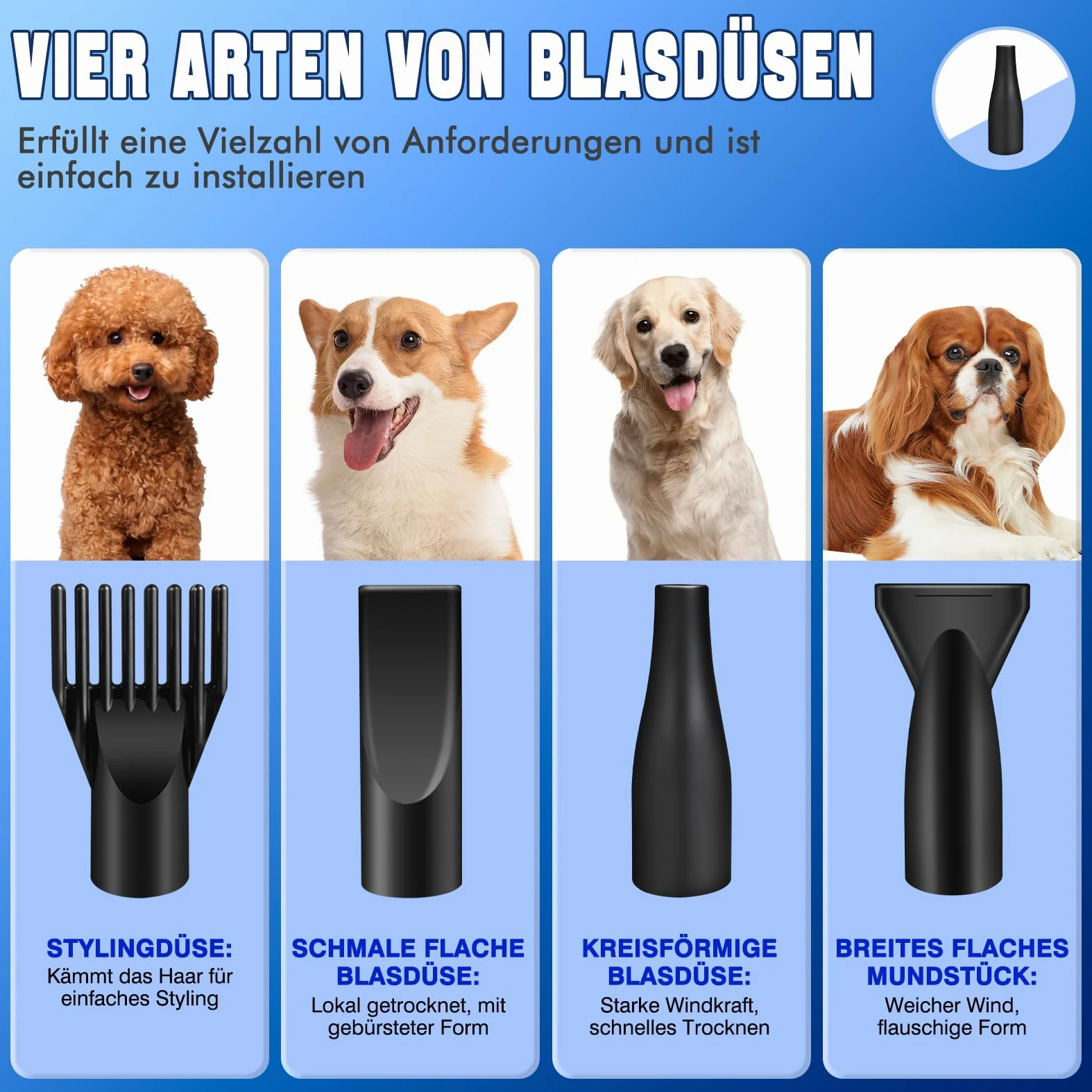 Secador de pelo para mascotas – 3500 W Perros Blower – Secador de pelo muy silencioso – Cuidado de mascotas para el cuidado del pelo – Soplador de cuidado de perros con 4 boquillas – Velocidad y calor