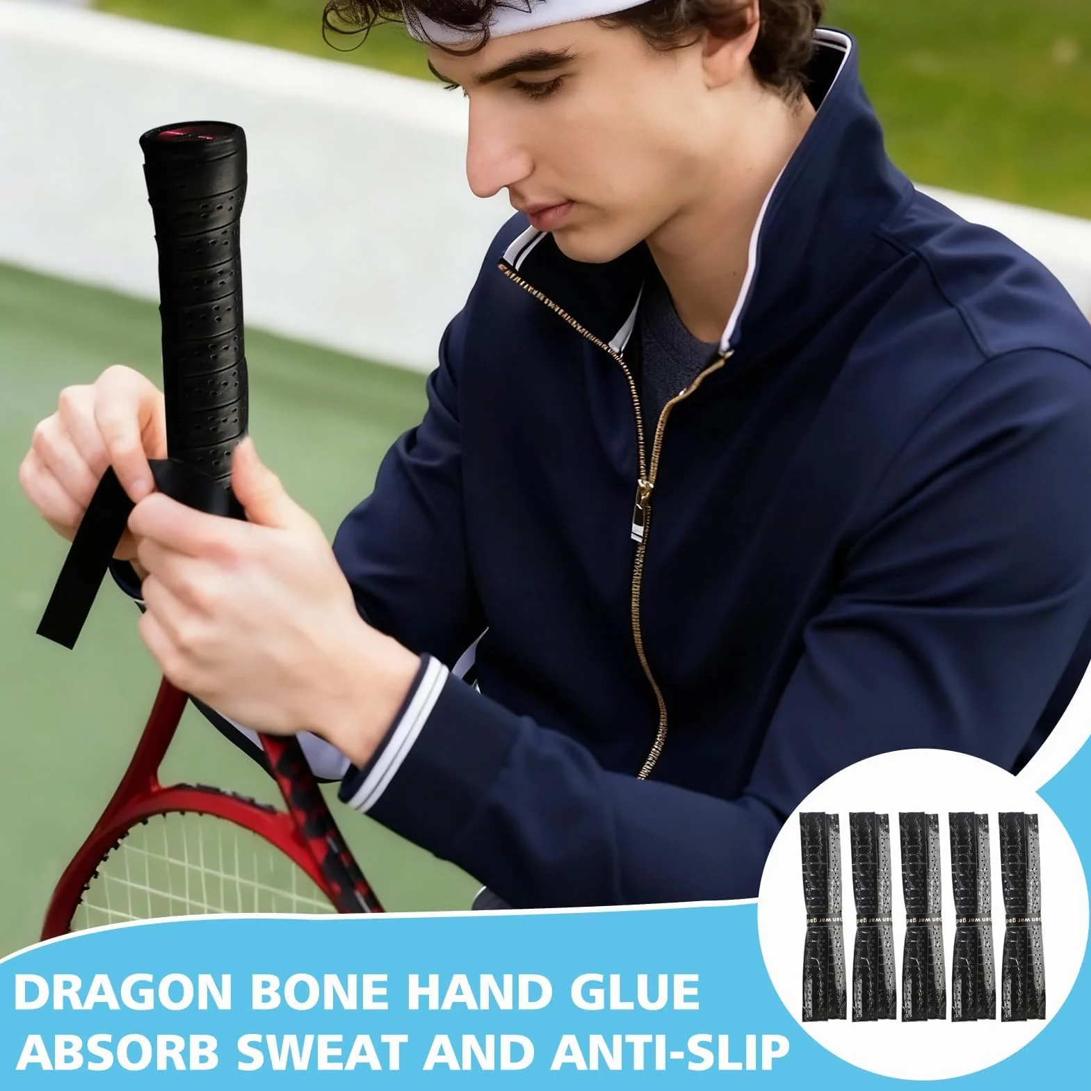 Overgrips Antideslizantes para Raquetas, Negros Perforados, Absorción Sudor, 5 Unidades