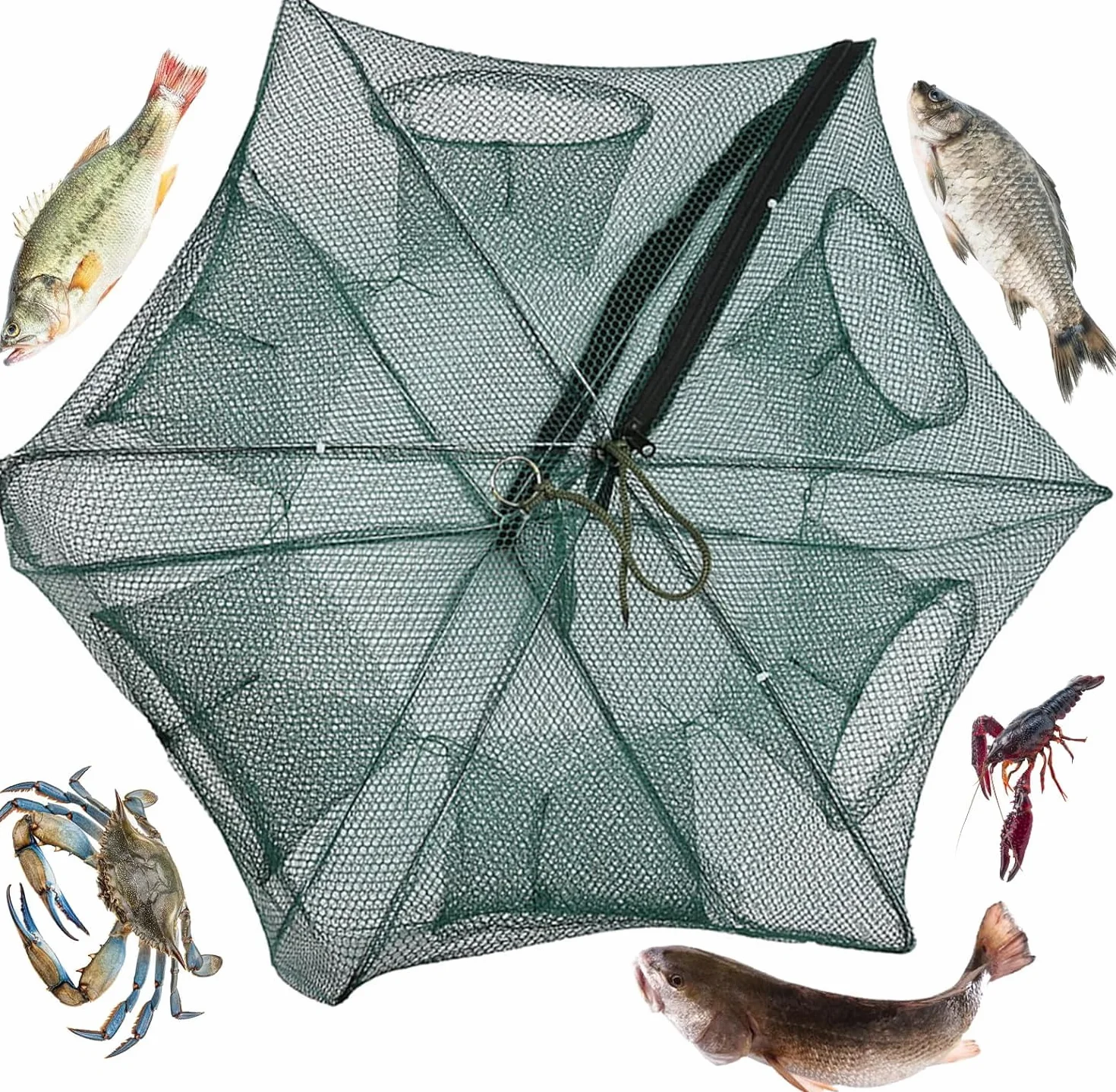 Red de Pesca Plegable Cremallera 6 Agujeros Automática Nailon Trampa Peces Cangrejo