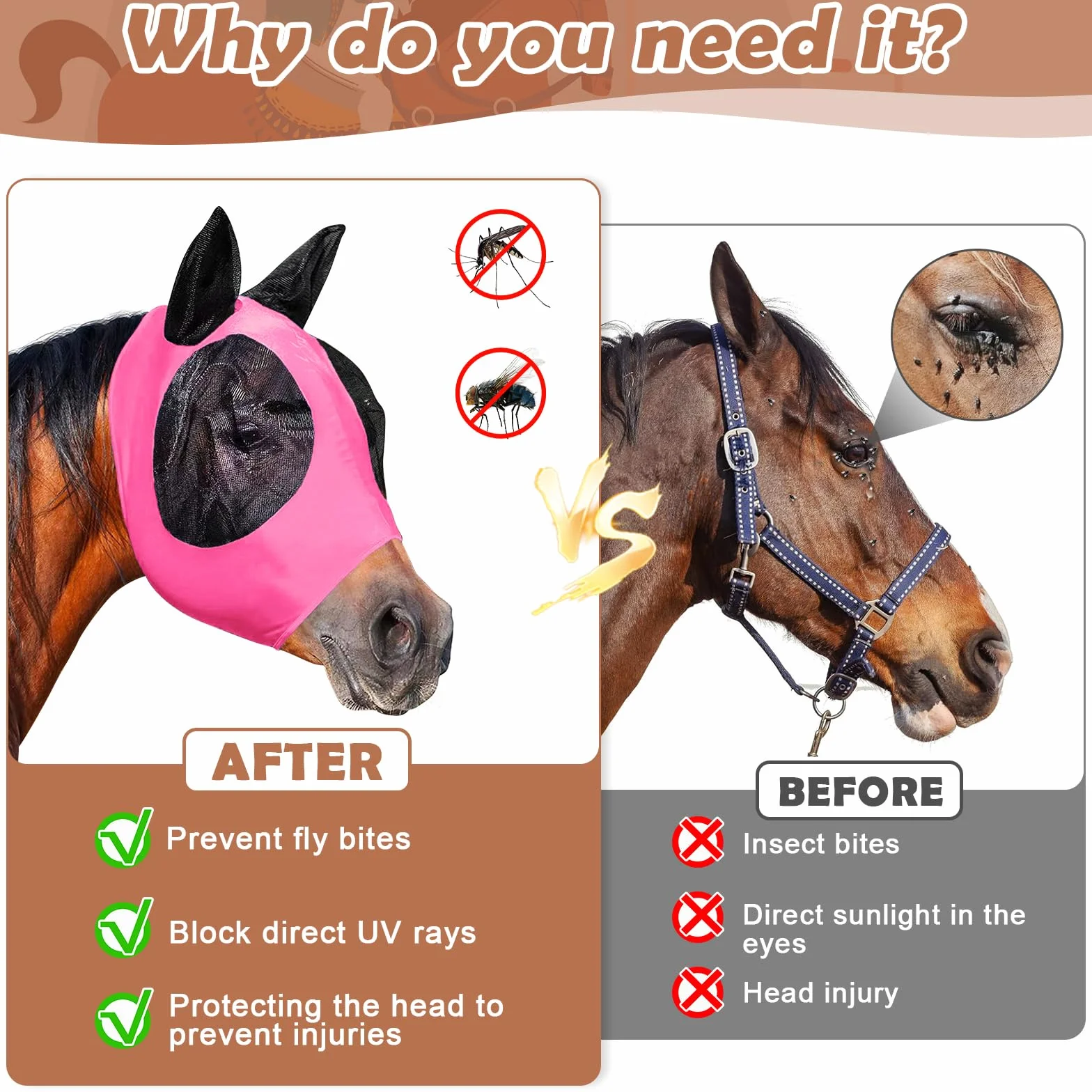 Máscara de mosca para caballos, cabestro con protección UV, gorro transpirable, shetty con orejas