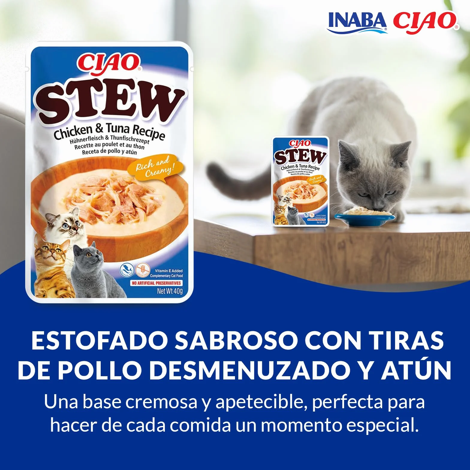 INABA Ciao Stew - Guiso Saludable para Gatos - Snacks, Receta de Pollo con Atún - Premios Ricos y Cremosos - Sin Cereales, Conservantes, Colorantes - Pocas Calorías - 40g
