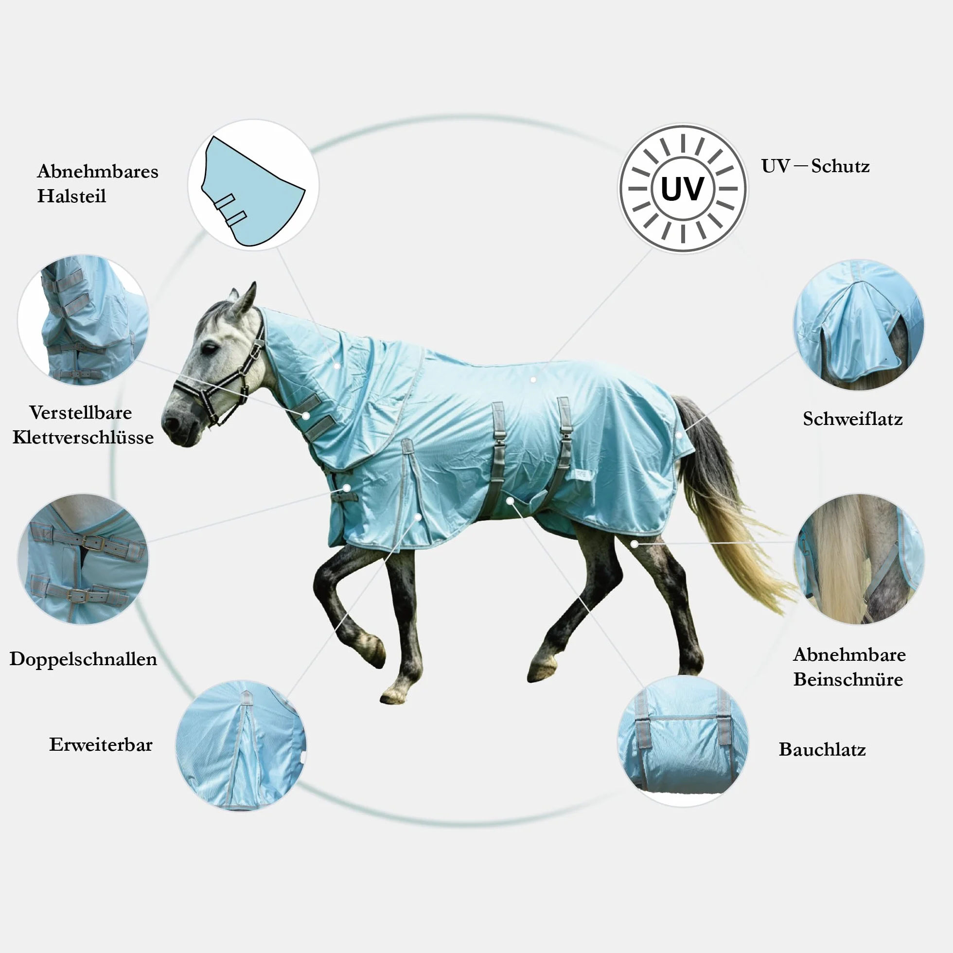 Manta antimoscas para caballos con parte del cuello, transpirable, ligera y resistente al desgarro, color azul, 155 cm