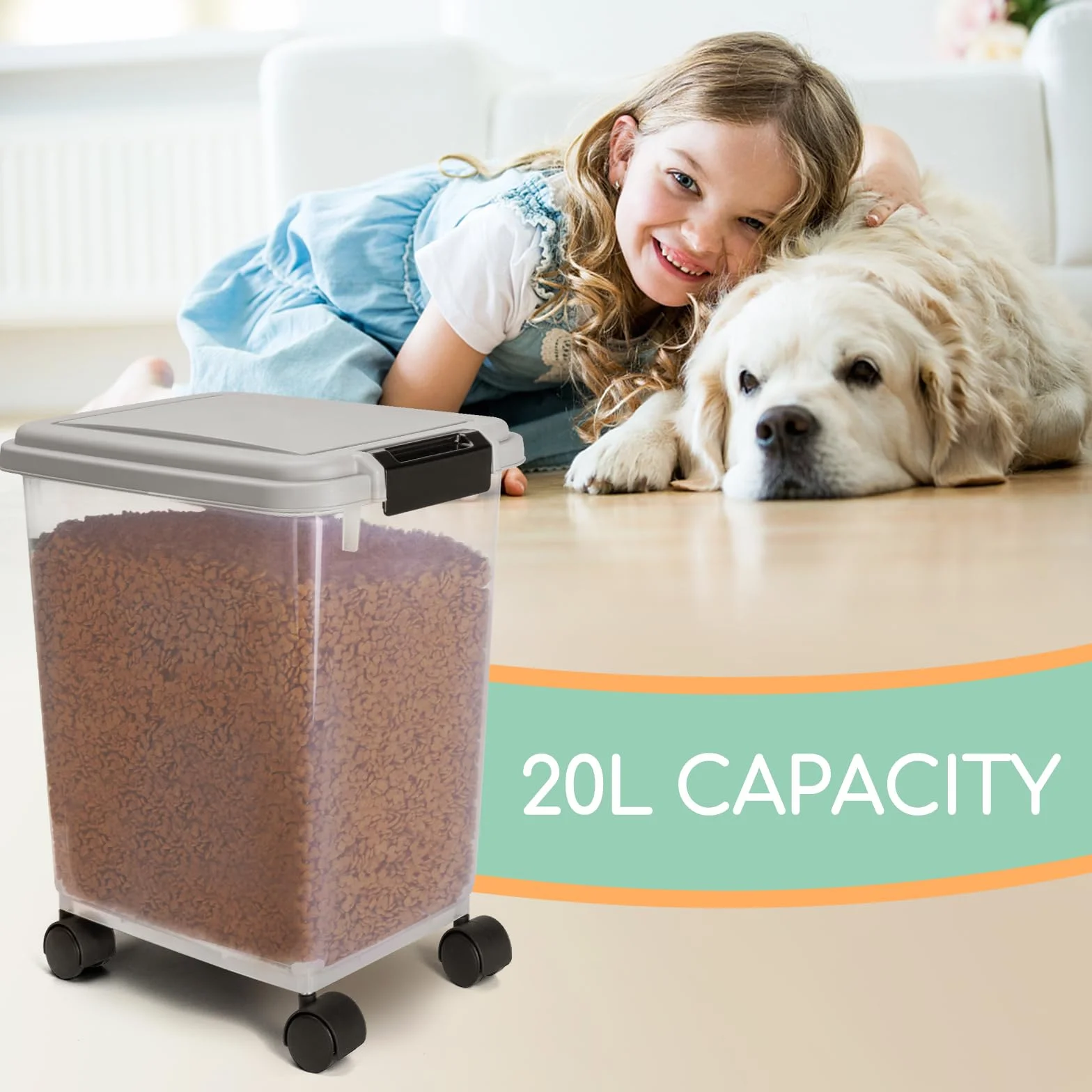 Nobleza - Contenedor de Comida para Mascotas 20L， Mascotas Caja de Alimentos con Ruedas Contenedor， Tapa abatible， hermética， Transparente， Ruedas y Pala， para Comida para Perros y Gatos， Gris