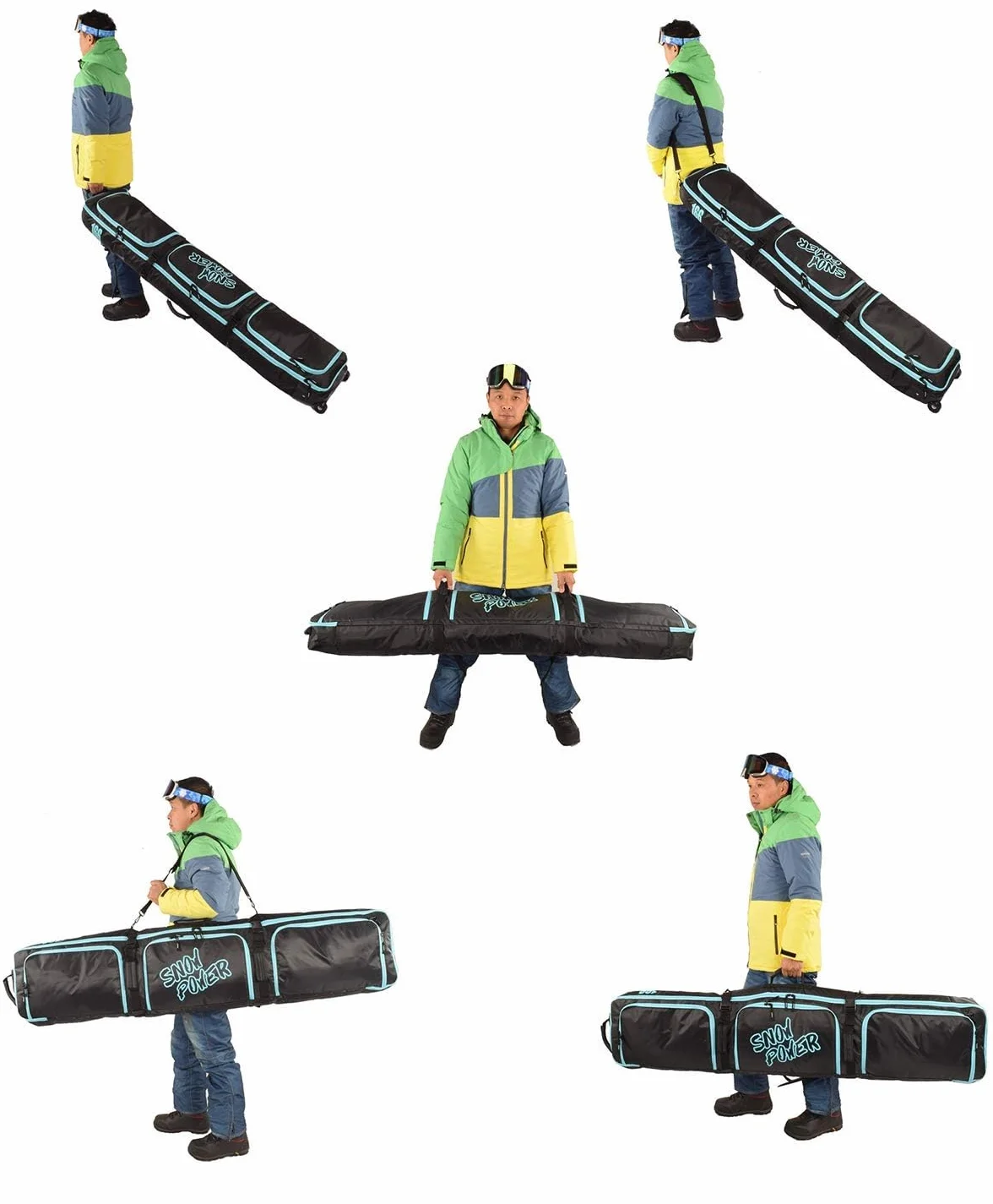 Bolsa de snowboard impermeable con ruedas, acolchada, 3 bolsillos