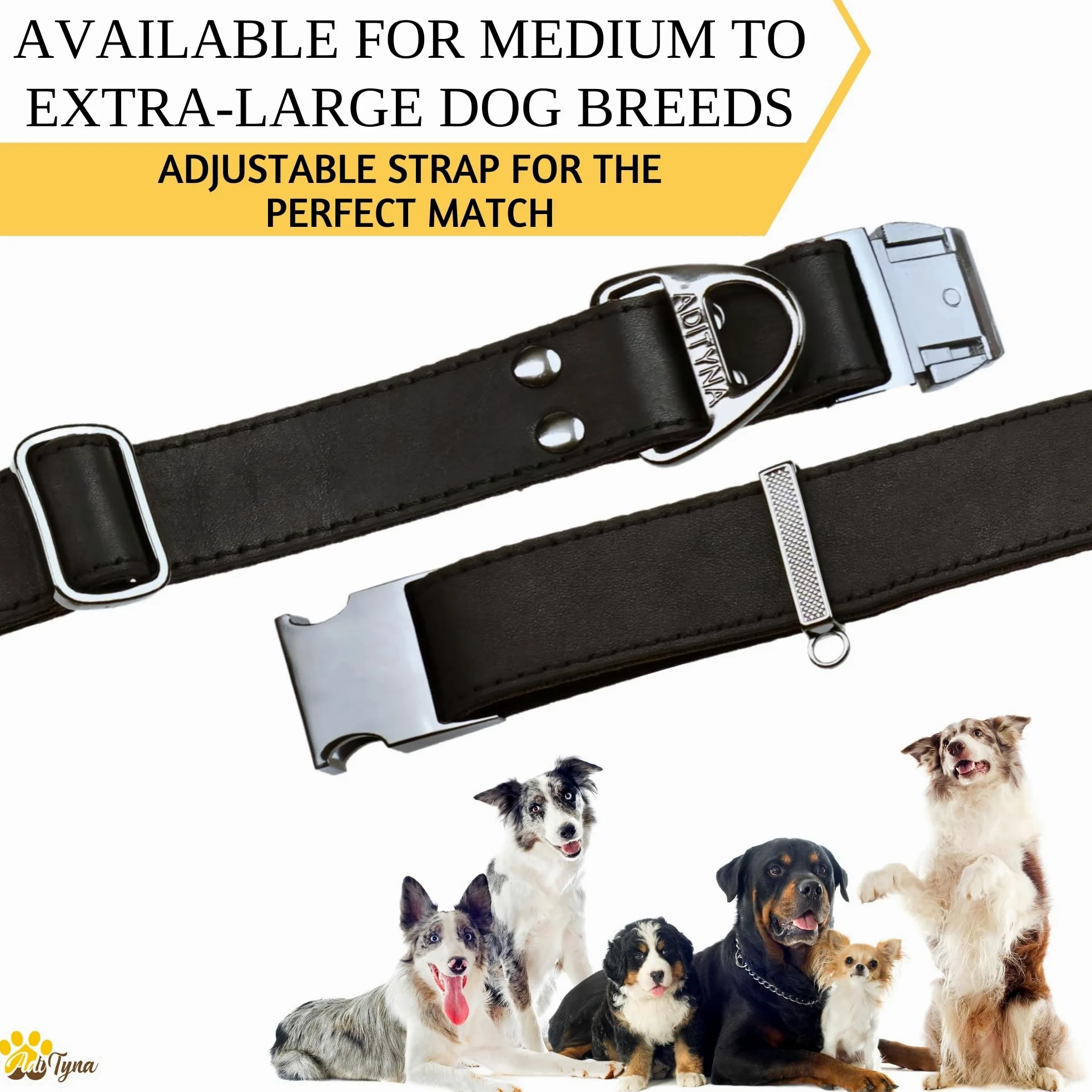 ADITYNA - Collar de cuero para perro con hebilla de metal para perros medianos y grandes - Collar táctico de cuero resistente, ajustable y de cuero (negro, se adapta a cuellos de 15 a 21 pulgadas)