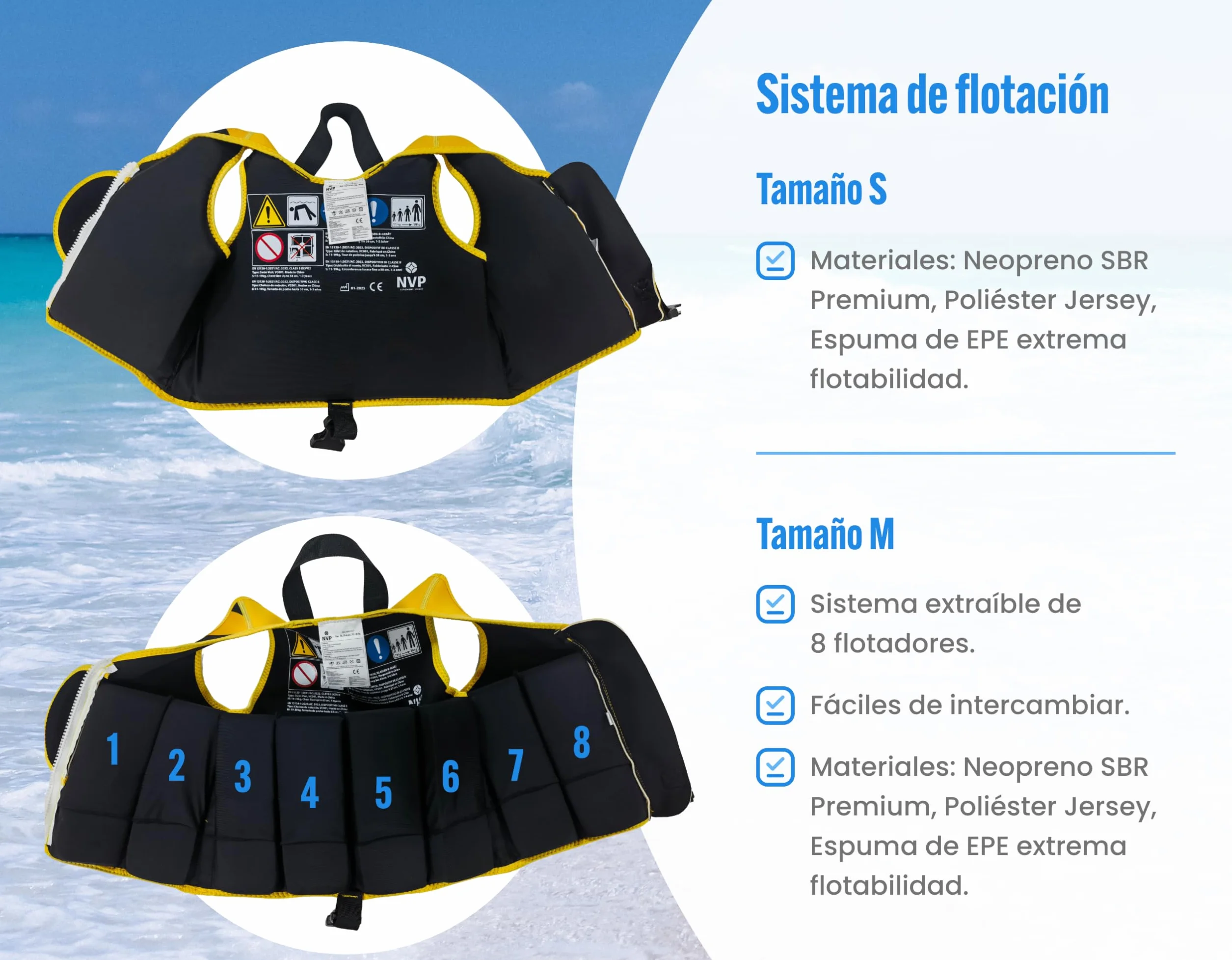 Chaleco de Natación Infantil de Neopreno NVP para Bebés y Niños 1-6 Años - Chaleco Flotador Ajustable con 8 Paneles de Flotación