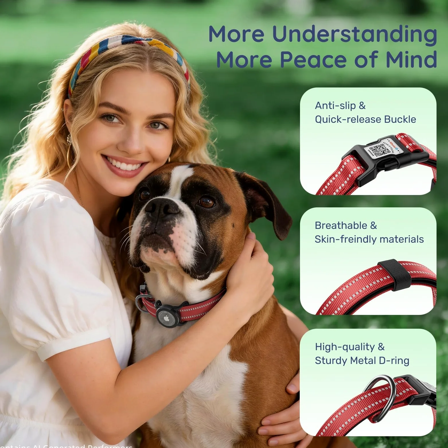 Collar de perro con código QR, collar reflectante para perro, acolchado de neopreno suave y hebilla de bloqueo de seguridad, collar ajustable para mascotas (rojo, M con soporte para Airtag)