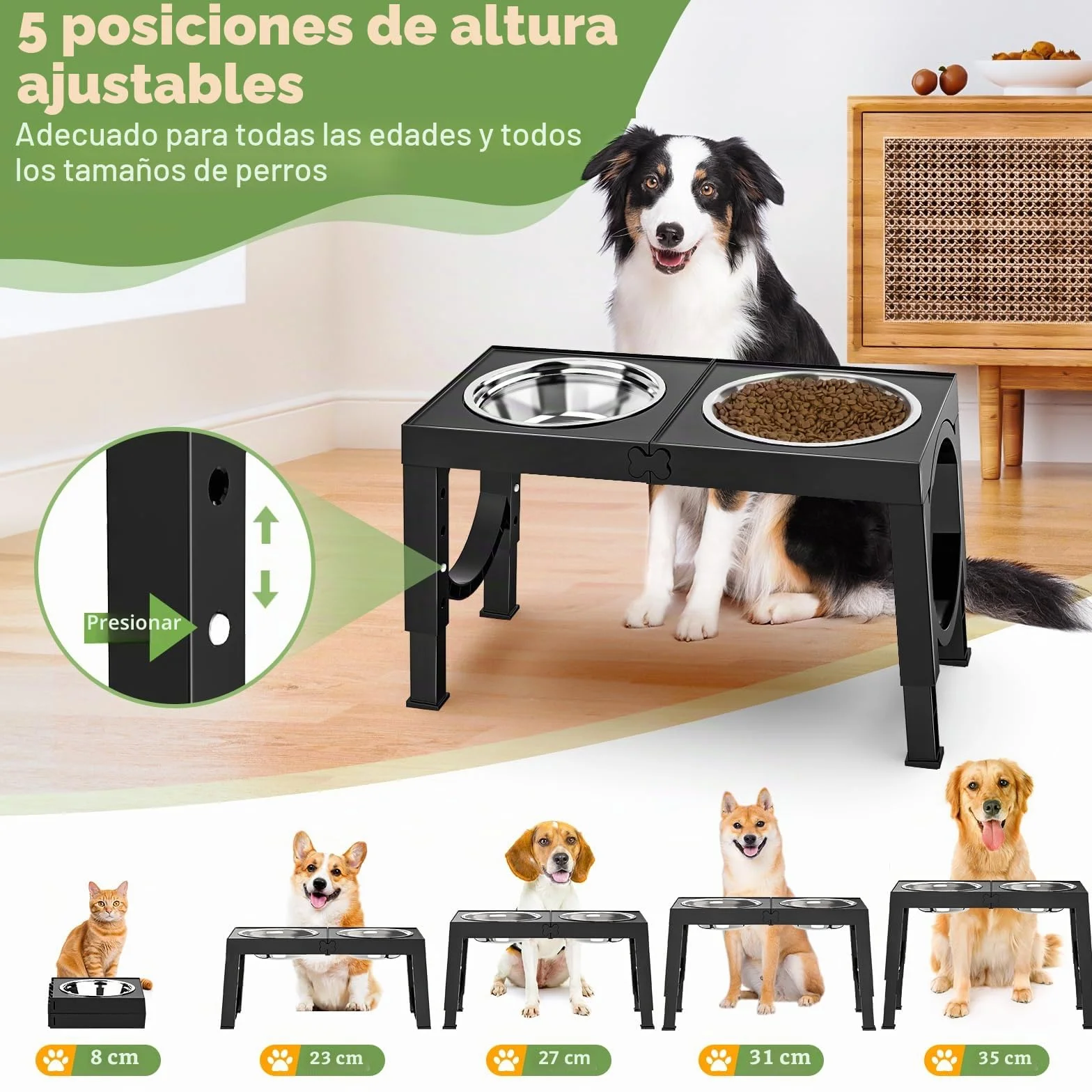 X XBEN Comedero Perro Elevado, Comedero Elevado de 5 Alturas Ajustables, 2X1,5L Comedero y Bebedero Perro, Comederos Elevados para Perros Pequeños, Medianos y Grandes, Plegable y Antideslizante