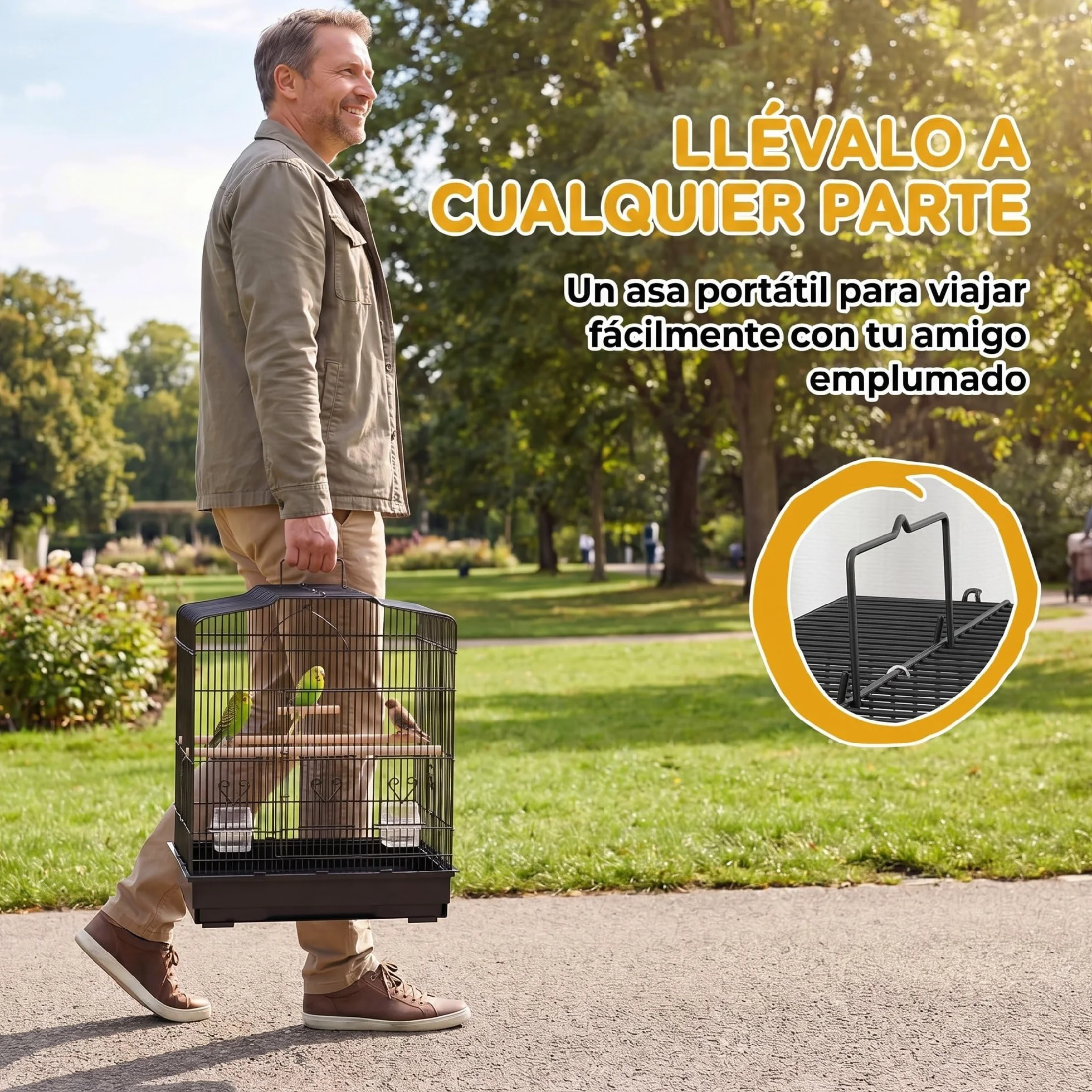 PawHut Jaula para Pájaros, Jaula de Acero para Pájaros con Puertas, 2 Comederos, 2 Perchas, Columpio, Bandeja Extraíble y Asa de Transporte, para Loro, Canario, Periquito, 46,5x36x59 cm, Negro
