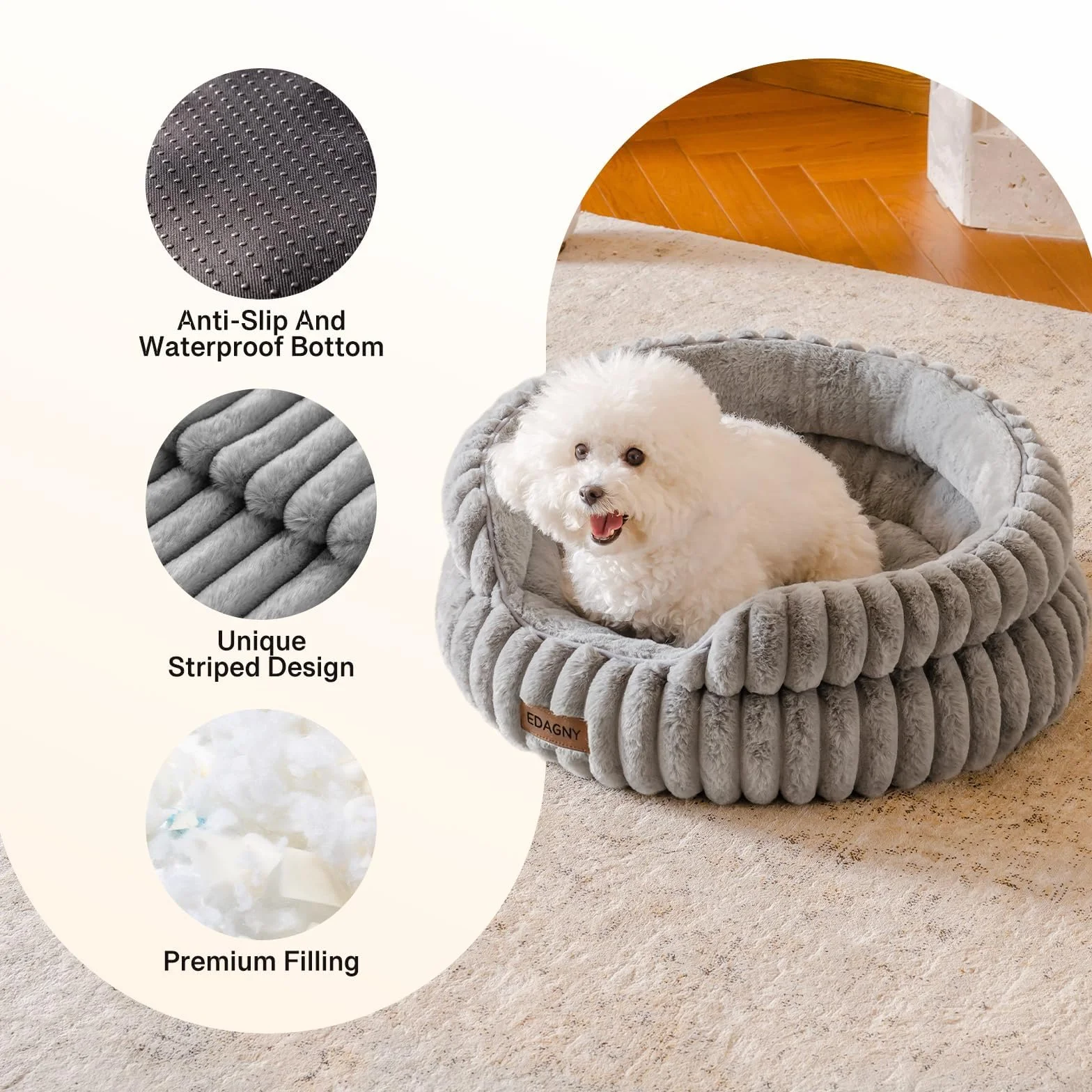 EDAGNY Elegantes Camas para Gatos Camas Perros - Redonda Suave Cama para Perros Pequeños y Medianos Perro, Lavable Calmante Cama para Mascotas (Gris, 51cm x 51cm x 20cm)