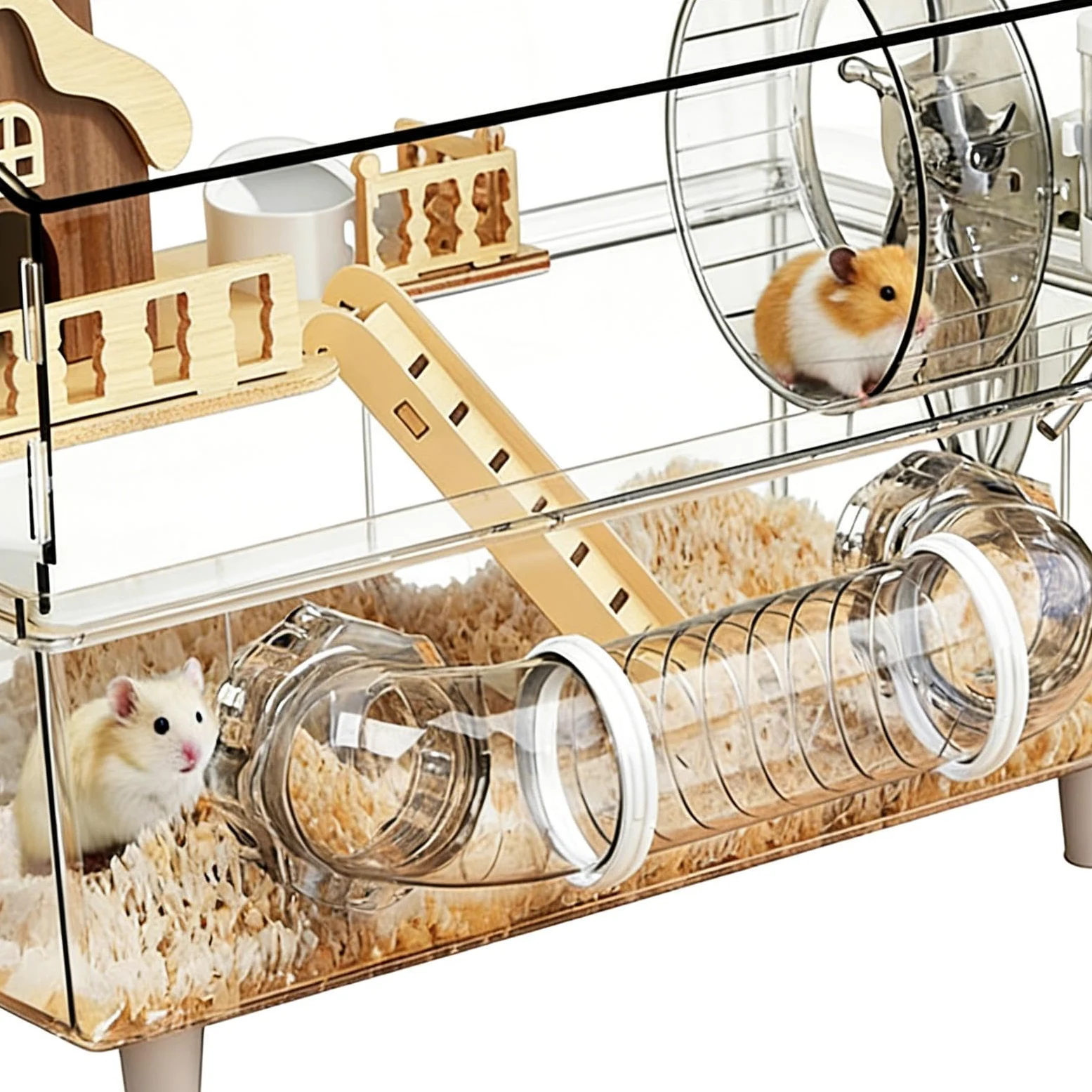 Jaula para Hámster Enano Claro de 2 Pisos, Parque para Chinchilla | Jaula con Bebedero y Arenero para Interior, Exterior y Viaje, Hogar para Mascotas Pequeñas y Roedores