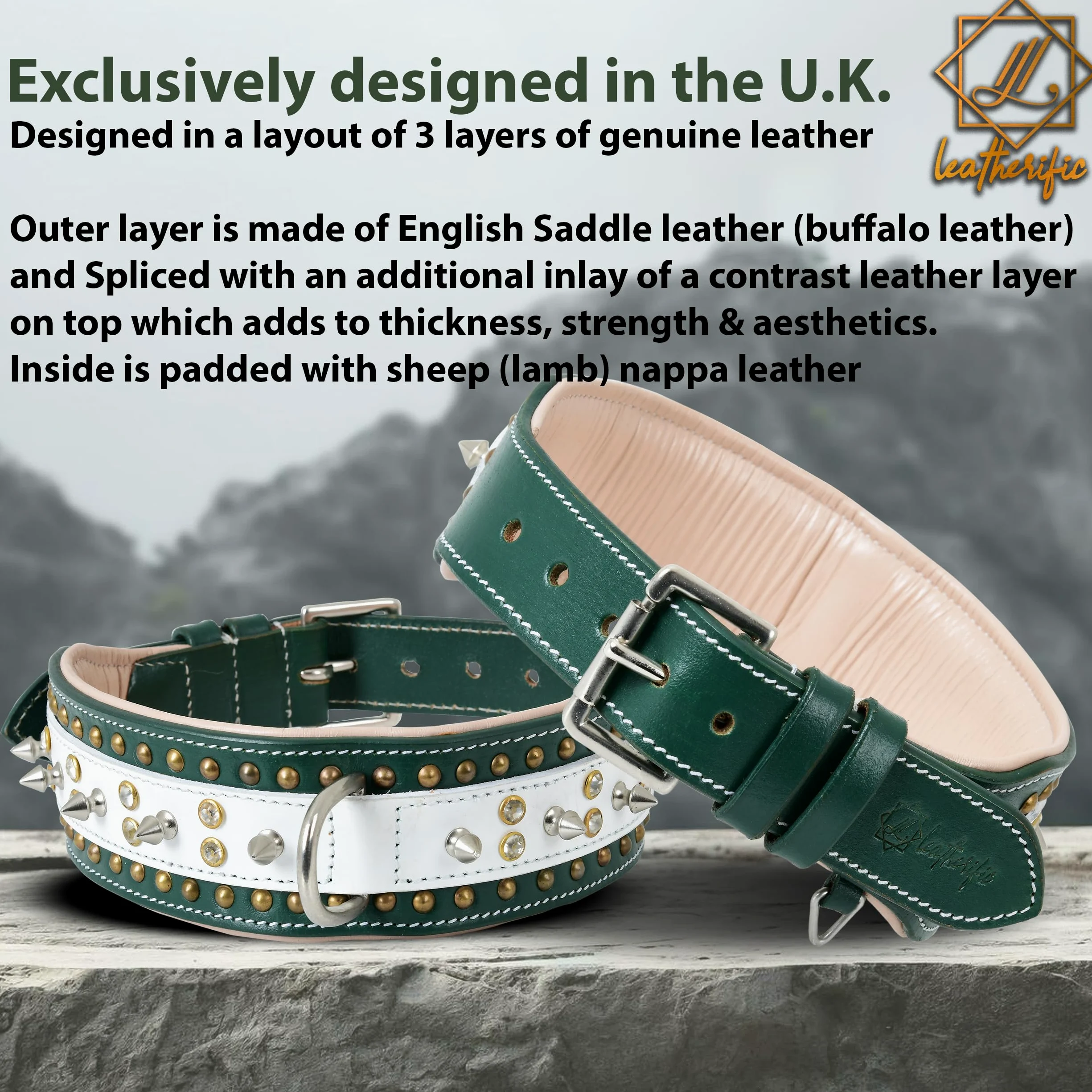 Leatherify - Collar de cuero genuino para perro, de alta calidad, resistente, acolchado, fuerte, con picos atornillados, razas medianas, grandes, extragrandes, 2 pulgadas de ancho (color verde bosque