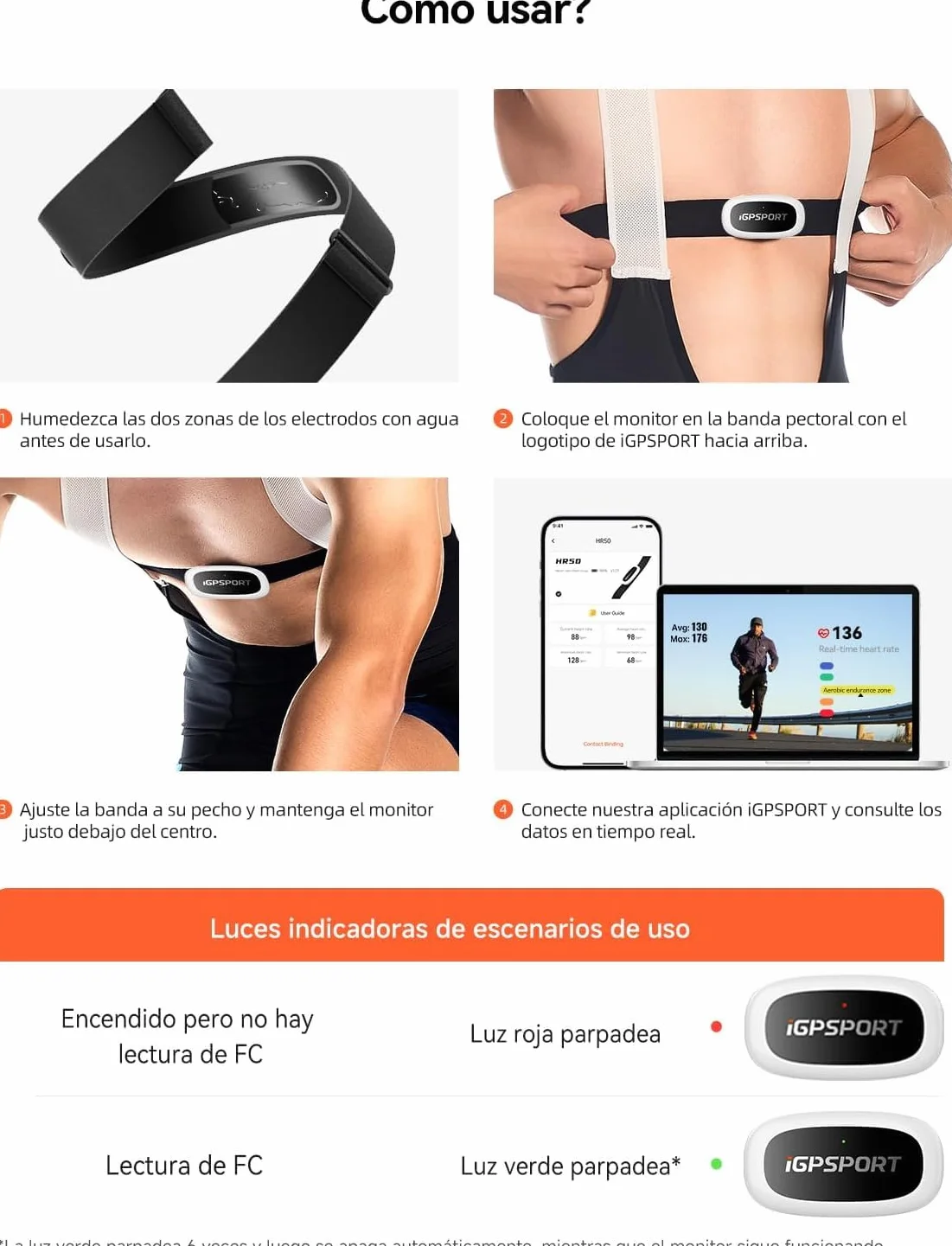 iGPSPORT Monitor de Ritmo cardíaco Bluetooth Ant+ Correa de Pecho Negro