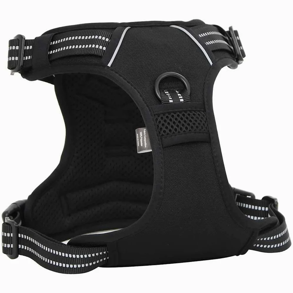 Arnés reflectante ajustable negro XL de poliéster con 4 correas, 2 anillos de correa y mango de seguridad para cachorros, paseos, entrenamiento y uso al aire libre