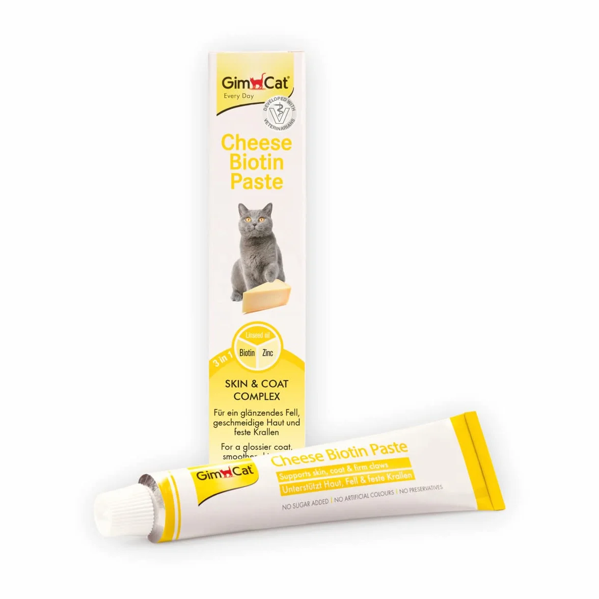 GimCat Cheese Biotin, pasta de queso con biotina - Con queso aromático, zinc y aceite de linaza para pelaje, piel y garras - 1 tubo (1 x 200 g)