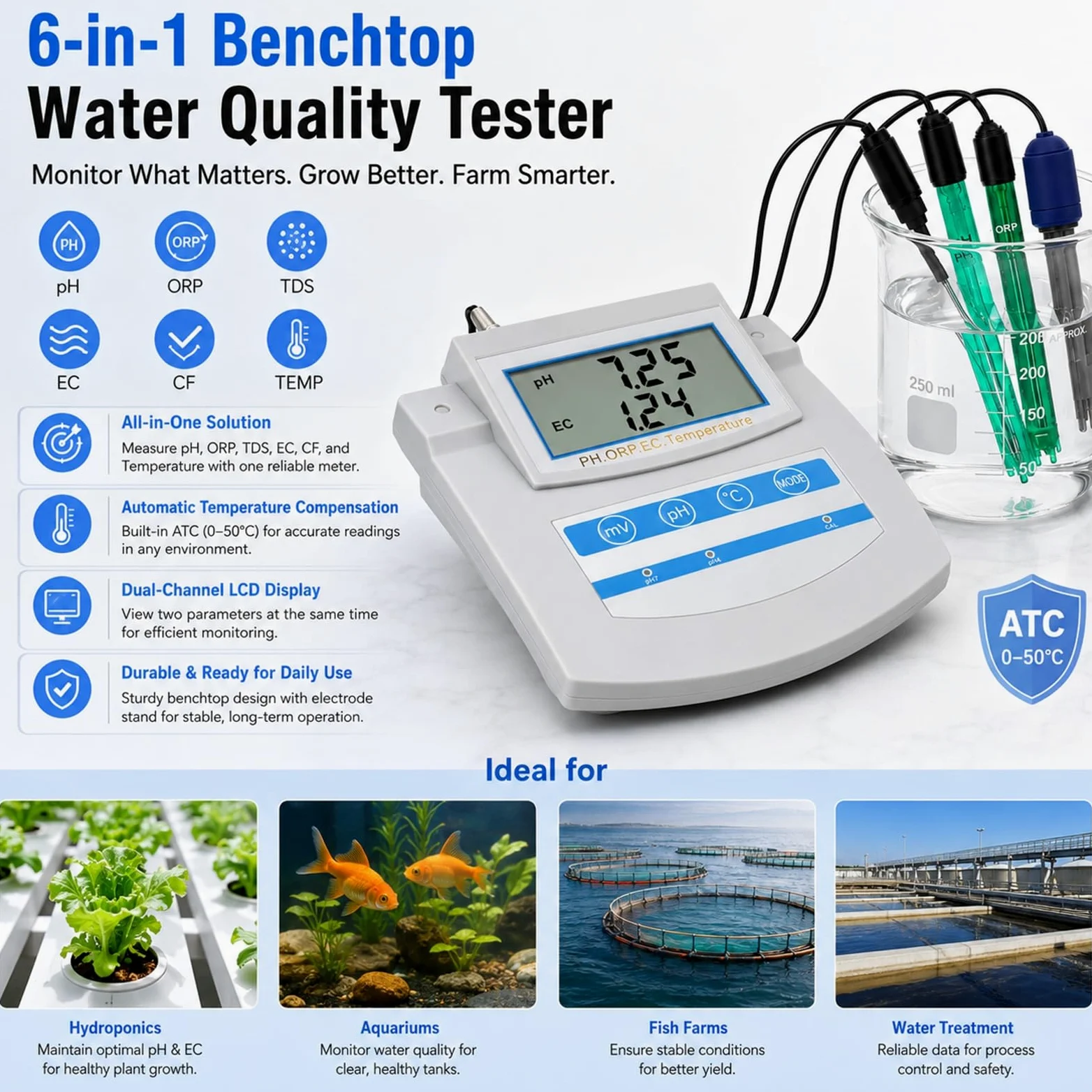 Probador de Calidad del Agua de sobremesa 6 en 1 Acuicultura hidropónica – Medidor multiparámetro Comercial pH TDS EC CF ORP Temp con ATC for gestión de nutrientes en piscifactorías