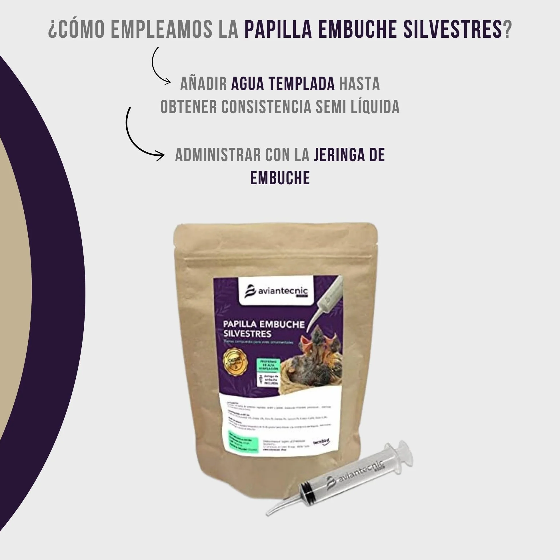 Aviantecnic Papilla Embuche Silvestres | Alimento Complementario para crías de pájaros | 400 g con Jeringa de Embuche Incluida