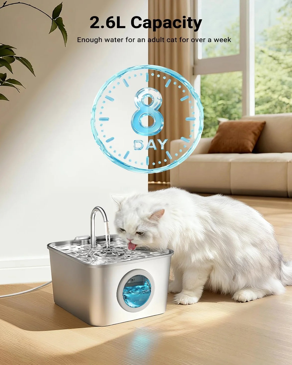 Fuente para Gatos Acero Inoxidable - 2,6L Bebedero Gatos Automatico Estilo Grifo Súper Silenciosa con Cable, Cuádruple Filtración, Fácil de Limpiar, con LED 3 Filtros y 3 Esponjas