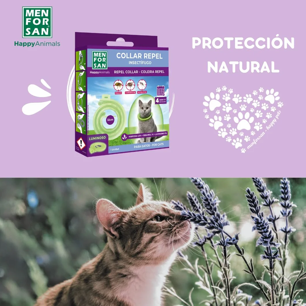 MENFORSAN Collar luminiscente Anti-Insectos para Gatos, con Tres repelentes Naturales Margosa, Geraniol y Lavandino, Cítrico, Verde, 30 cm
