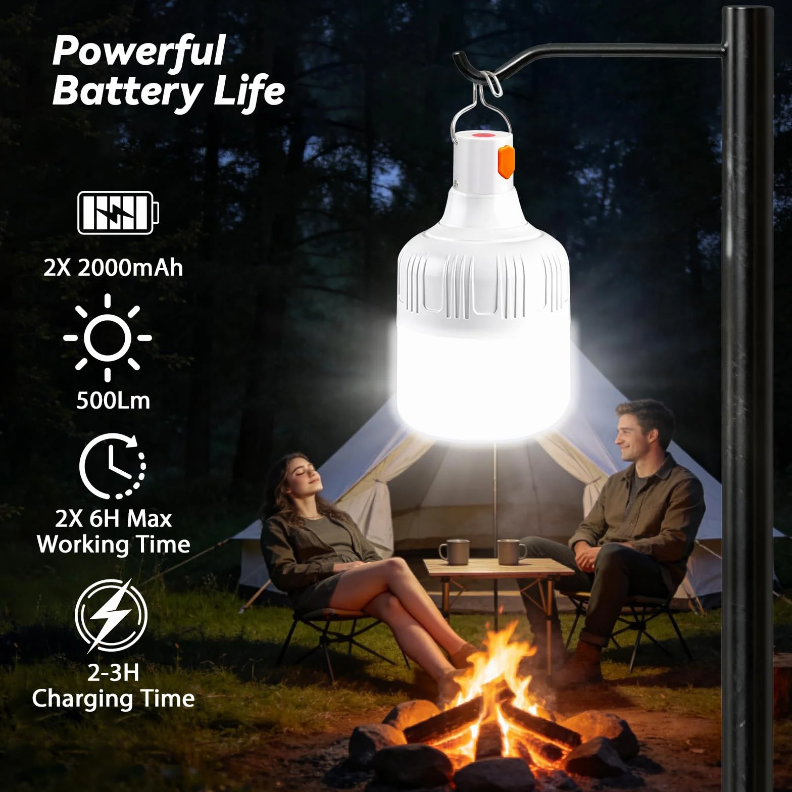 Lámpara Camping Recargable LED 500LM 3 Modos Impermeable Portátil con Gancho
